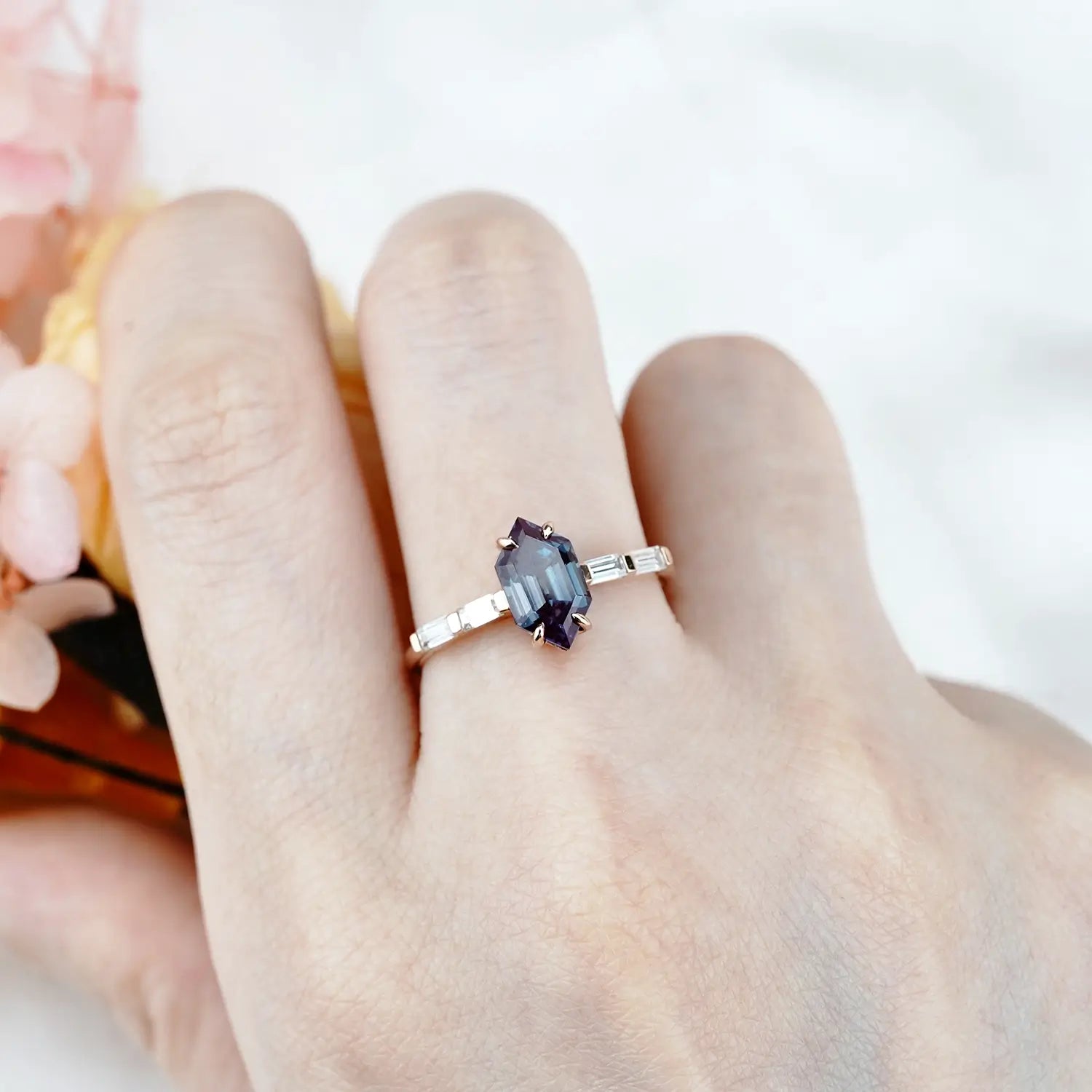 Minimalist Hexagonal Alexandrite Engagement Rings June Birthstone Ring