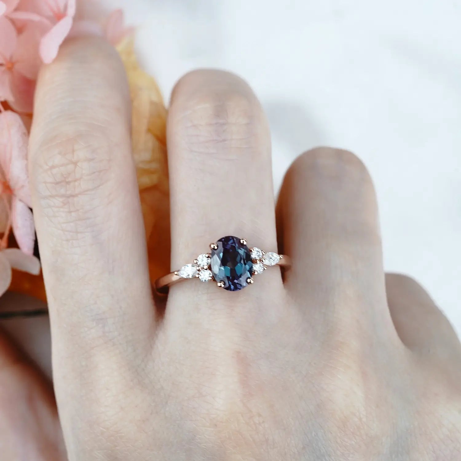 Oval Alexandrite Cluster Engagement Rings Timeless & Elegant June Birthstone Ring for women promise gift