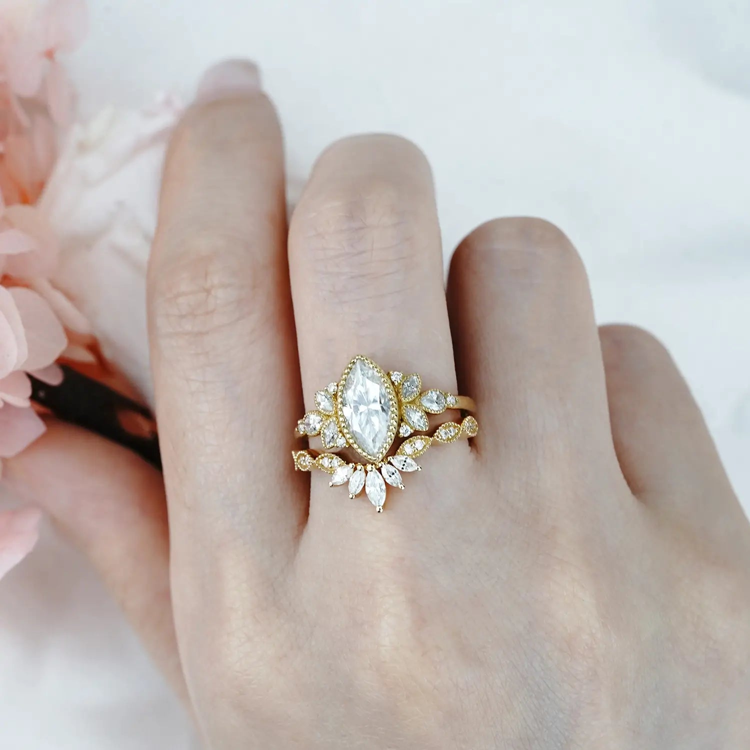 Vintage Marquise Moissanite Bridal Set – Nature-Inspired Engagement Ring custom handmade jewelry 18k gold