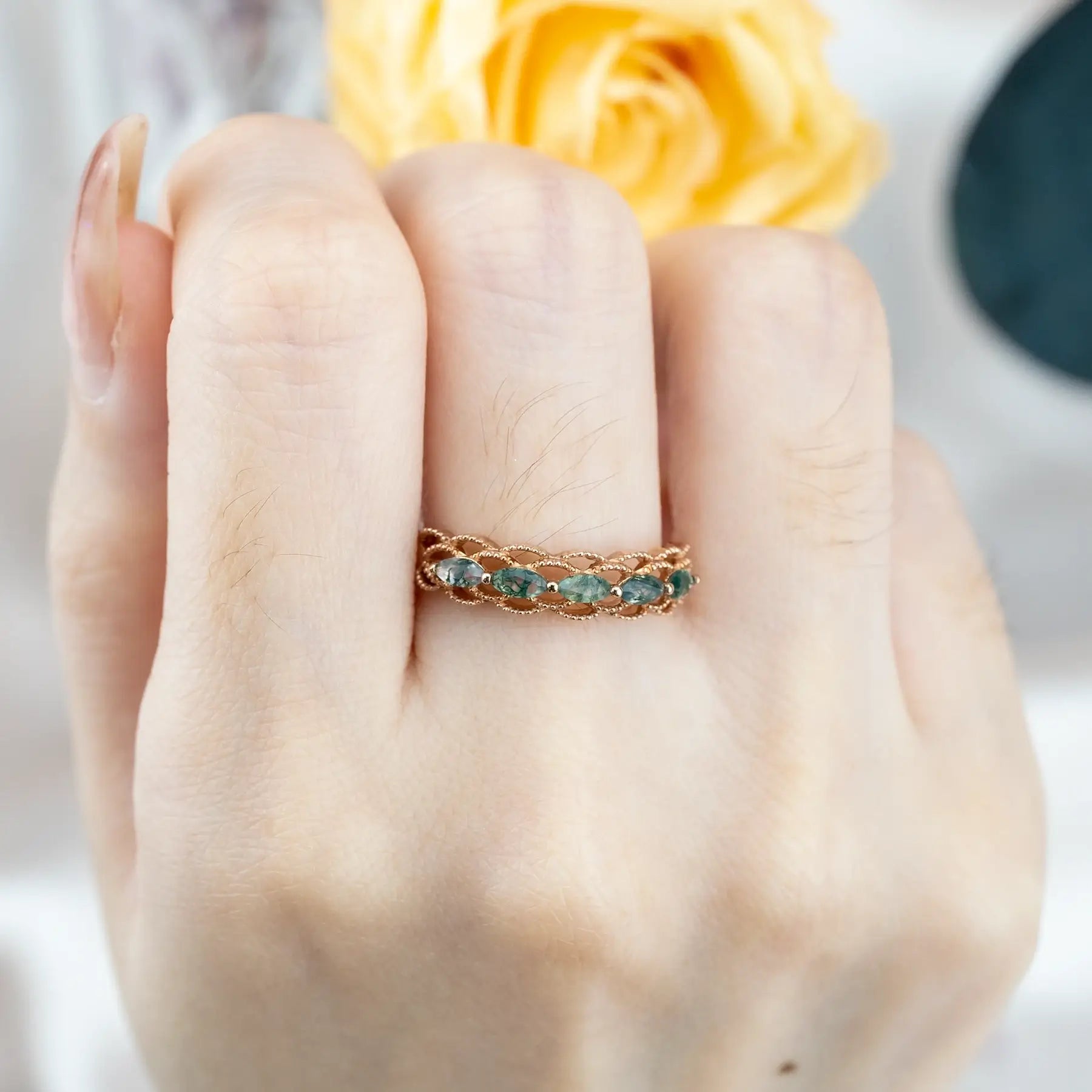 Rose Gold Marquise Moss Agate Wedding Band - Unique Hollow Vintage Design for women gift love ring