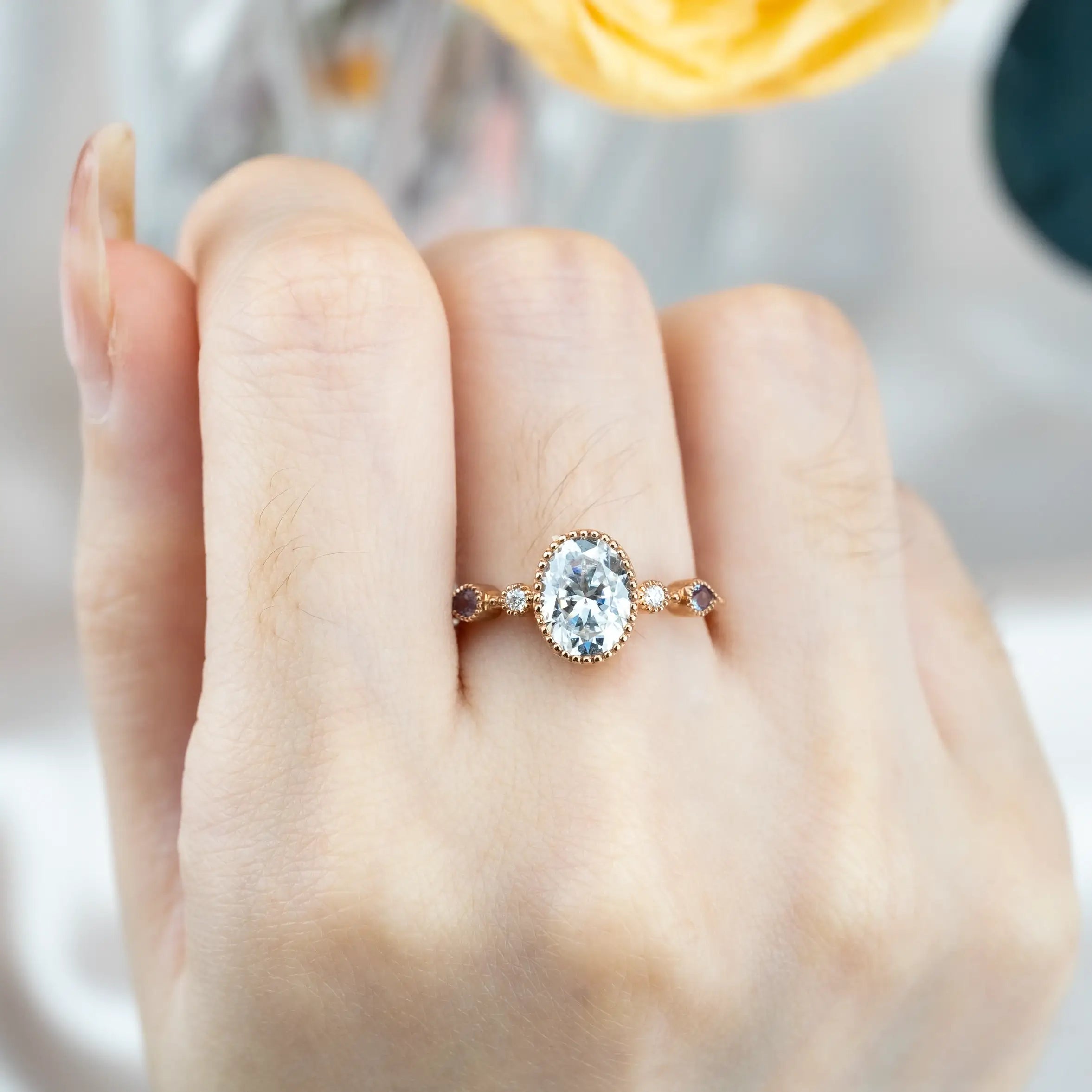 Vintage Moissanite Engagement Rings | Bezel Set Five-Stone Ring Classic Rings Oval Cut Moissanite Rings