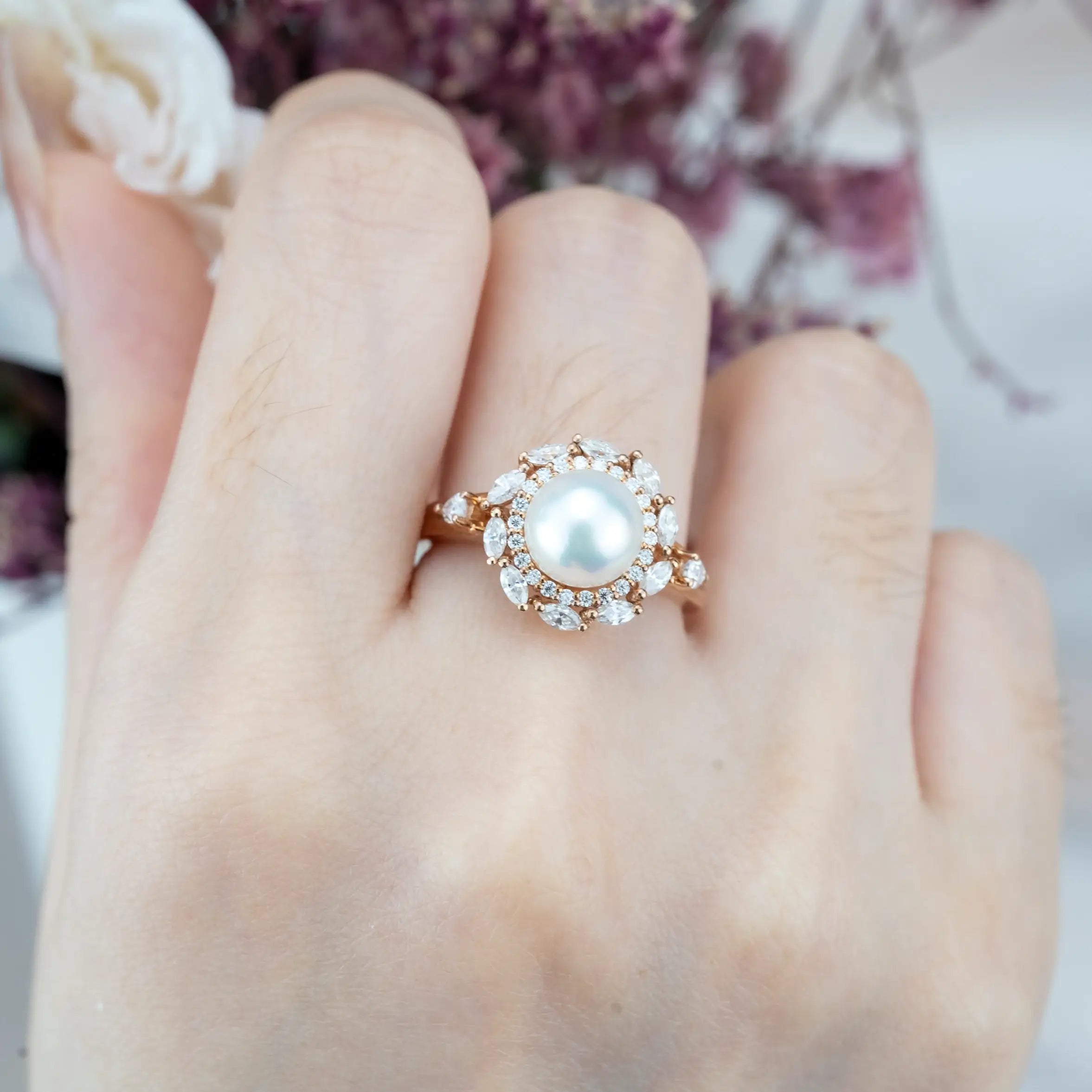 Pearl Blossom Halo Ring – Akoya Pearl and Moissanite Petal Design Luxury Engagement Rings | ORLEONE