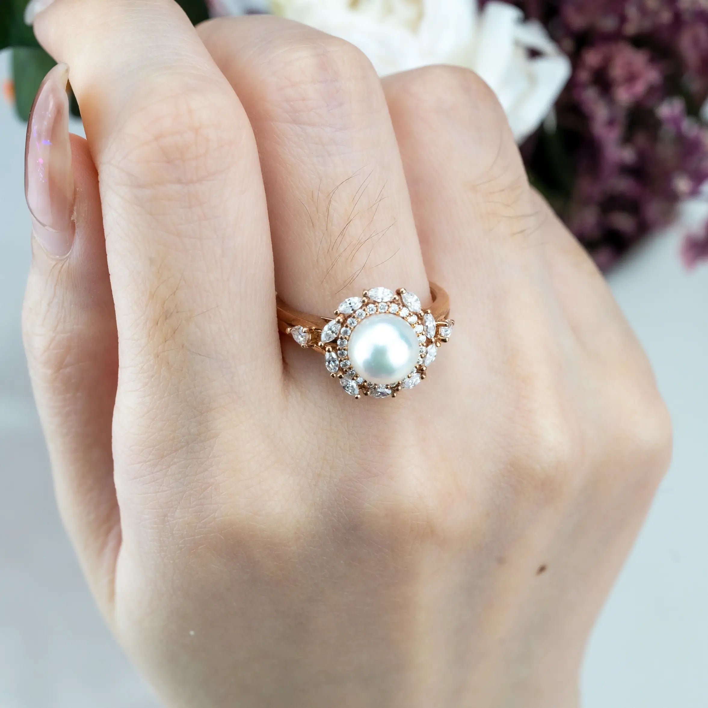 Pearl Blossom Halo Ring – Akoya Pearl and Moissanite Petal Design Luxury Engagement Rings | ORLEONE women gift