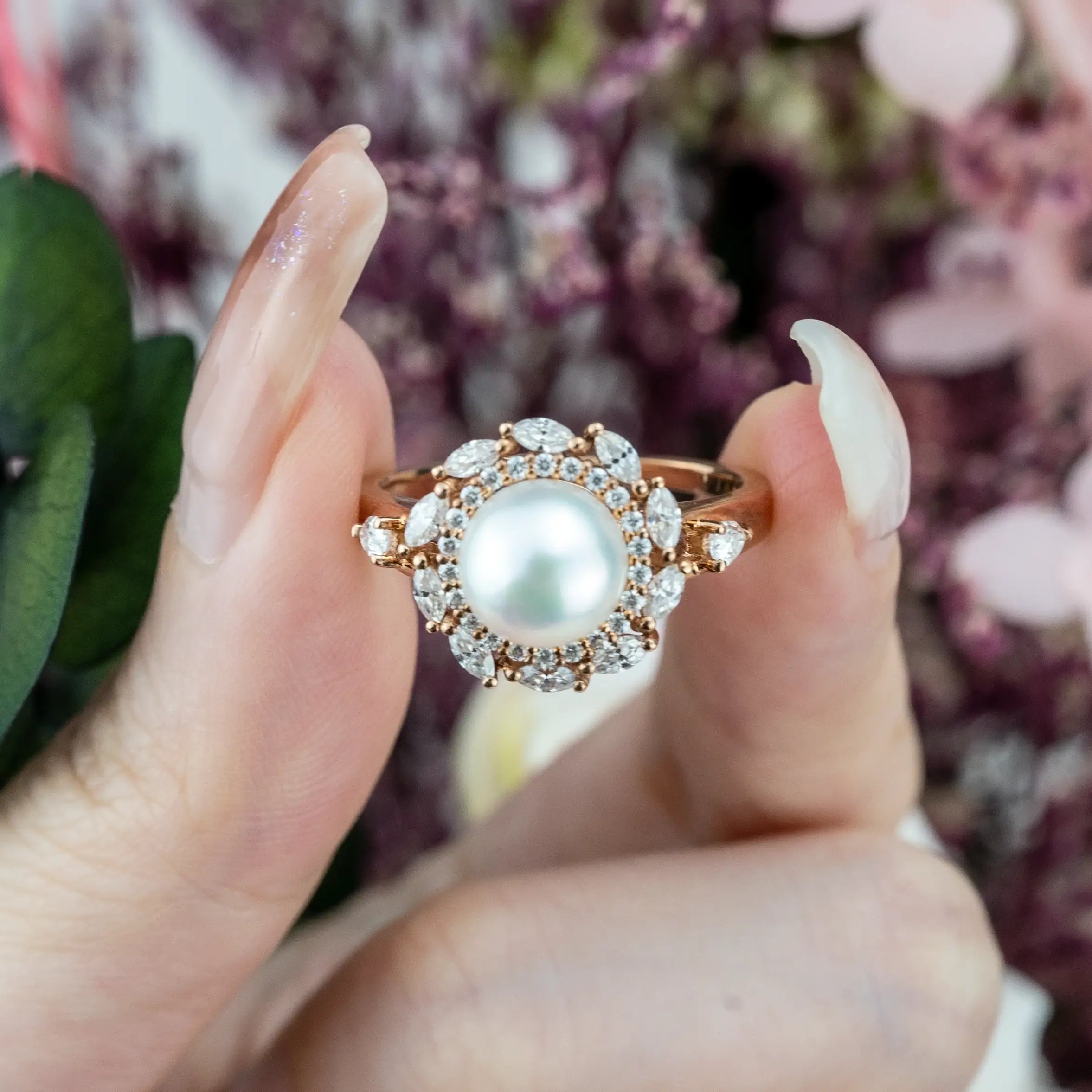 Pearl Blossom Halo Ring – Akoya Pearl and Moissanite Petal Design Luxury Engagement Rings | ORLEONE