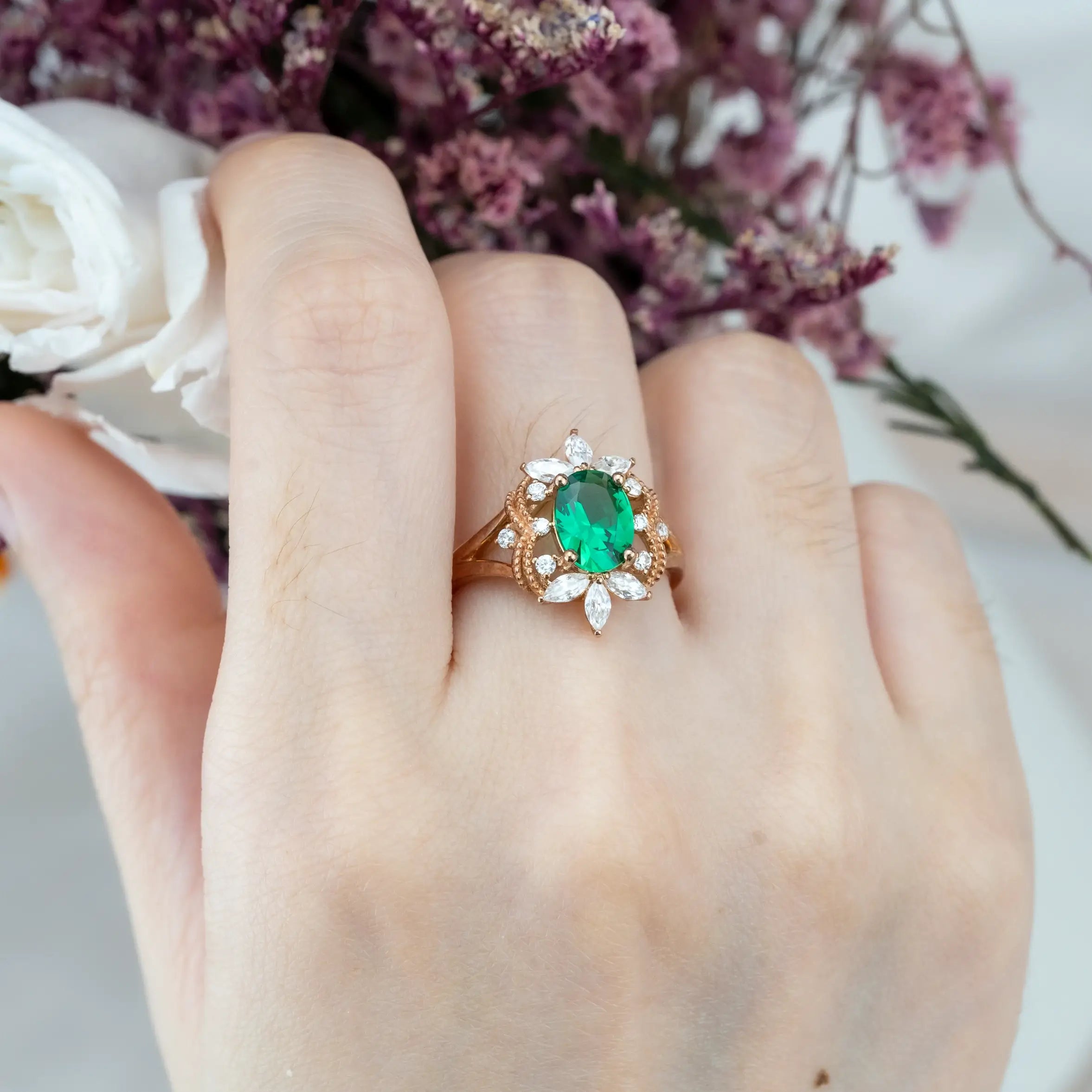 Oval Lab Emerald Engagement Rings - Celestial May Birthstone Ring