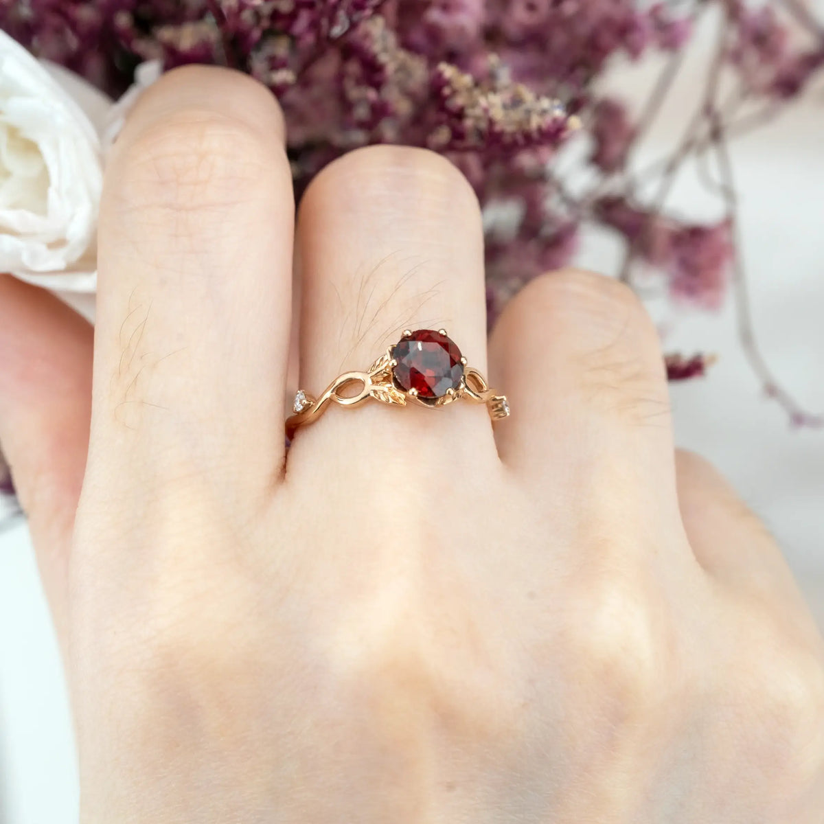 Custom Red Garnet Leaf Ring | Nature-Inspired Promise Engagement Rings