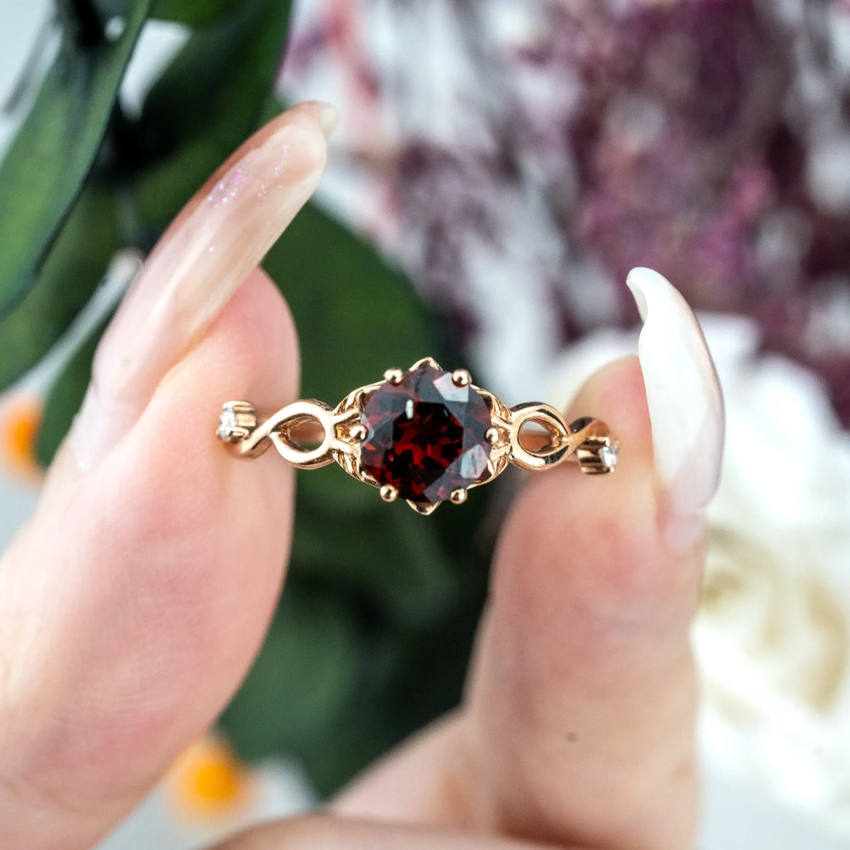 Custom Red Garnet Leaf Ring | Nature-Inspired Promise Engagement Rings for ladies