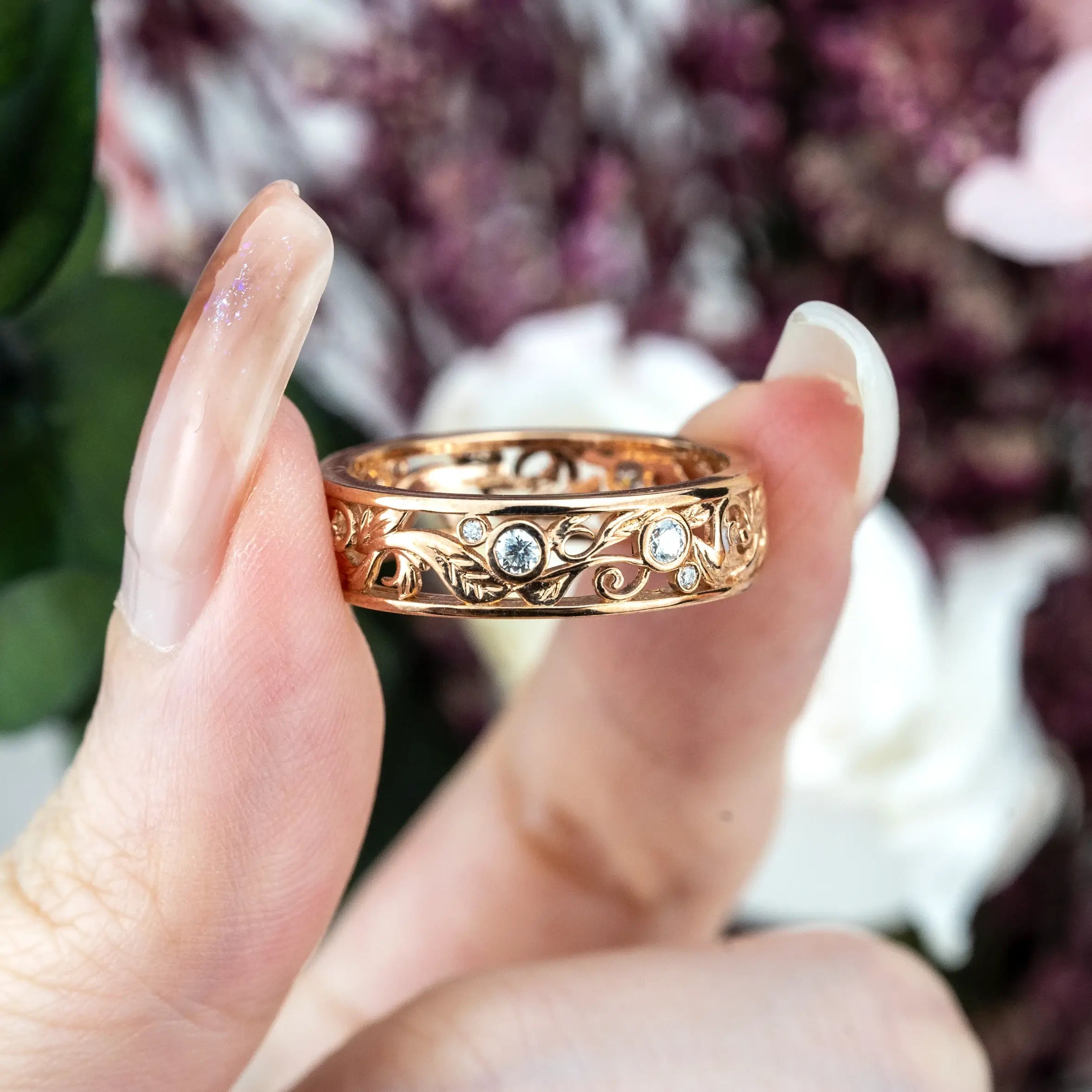 Unique Nature Inspired Design Leaf Ring Diamond Wedding Band Handmade Custom Gold band ORLEONE JEWELRY