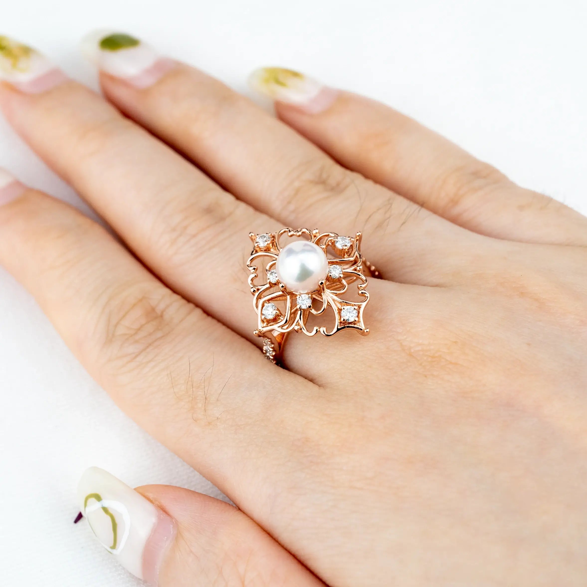 handmade custom Akoya Pearl Vintage Engagement Ring, Unique Design Jewelry,18k rose gold ring