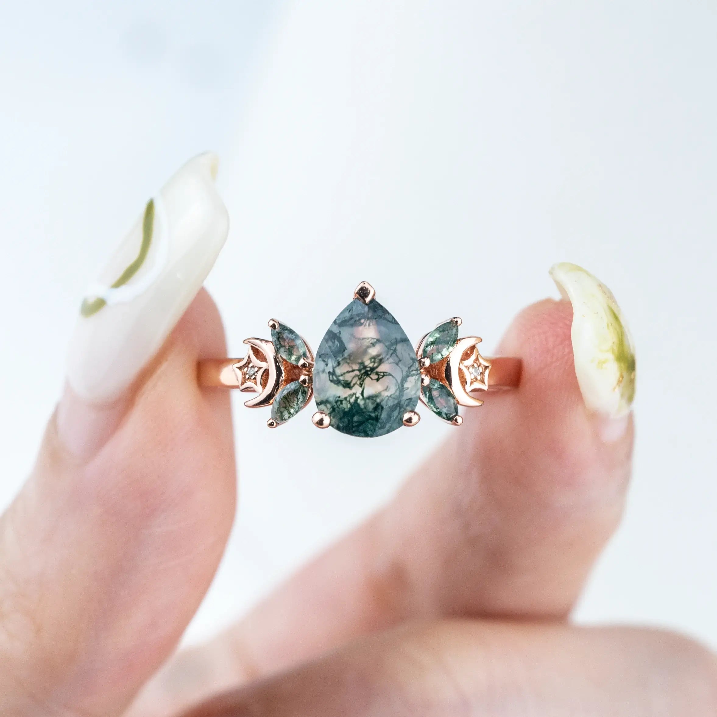 ORLEONE Moss Agate Ring | Nature-Inspired Engagement Rings Custom gold ring for women anniversary gift