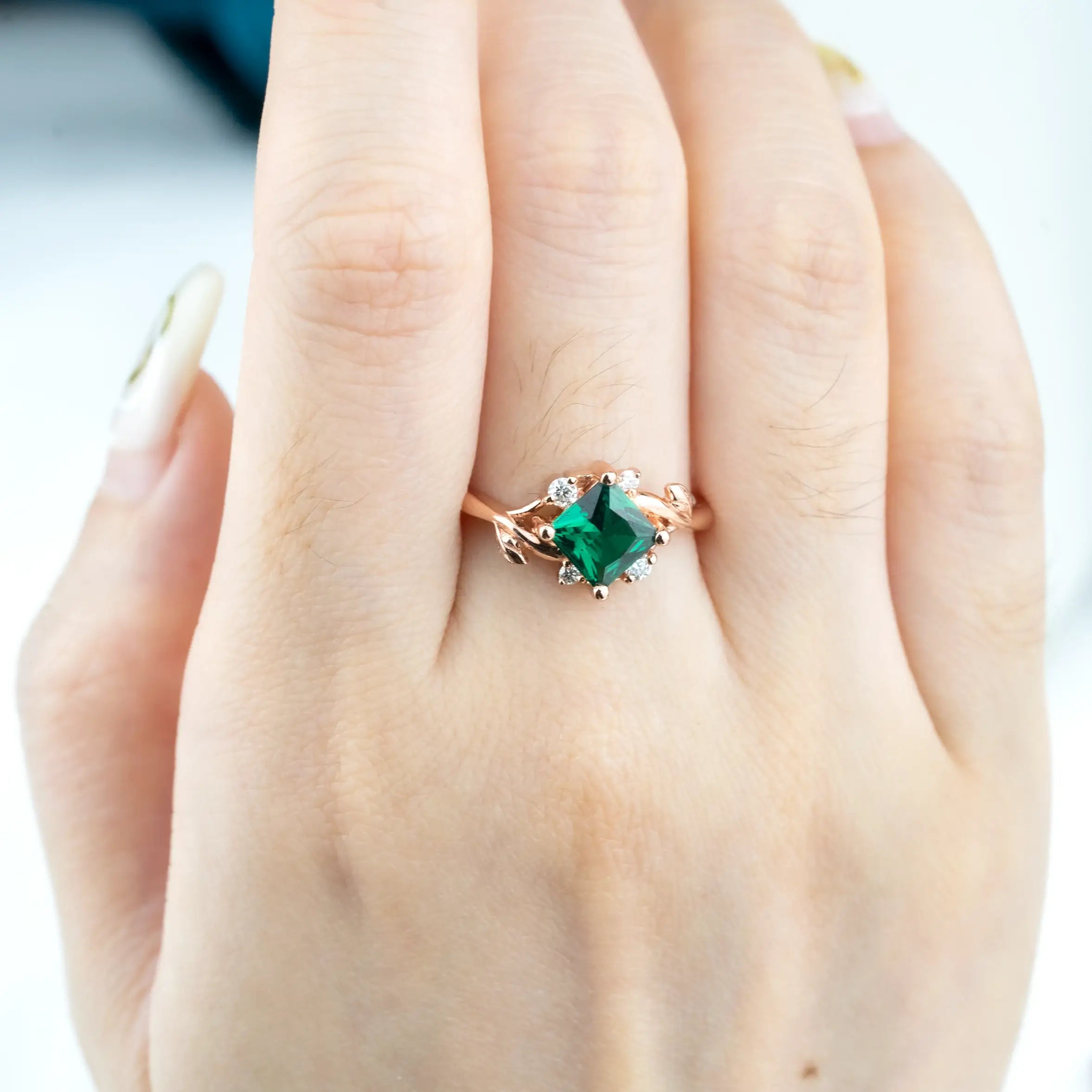 Nature-inspired engagement ring with a vibrant Princess Cut Lab Emerald and moissanite accents,anniversary ring