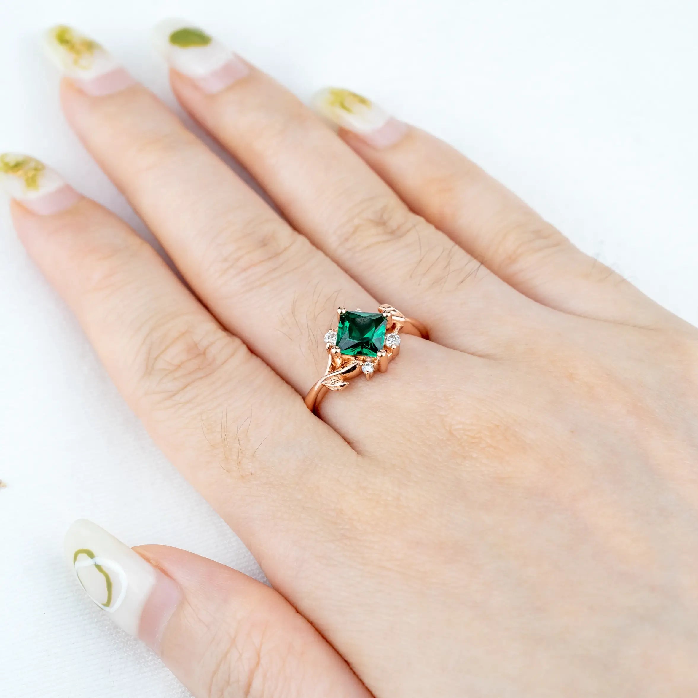 Nature-inspired engagement ring with a vibrant Princess Cut Lab Emerald and moissanite accents,anniversary ring