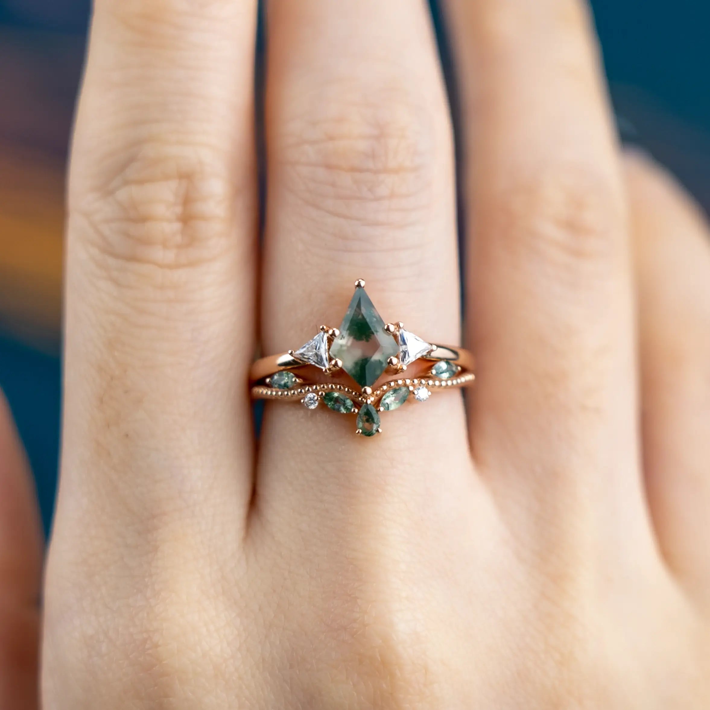 Kite Cut Moss Agate Engagement Ring Set Three Stone Ring Vintage Rings Custom Handmade Jewelry