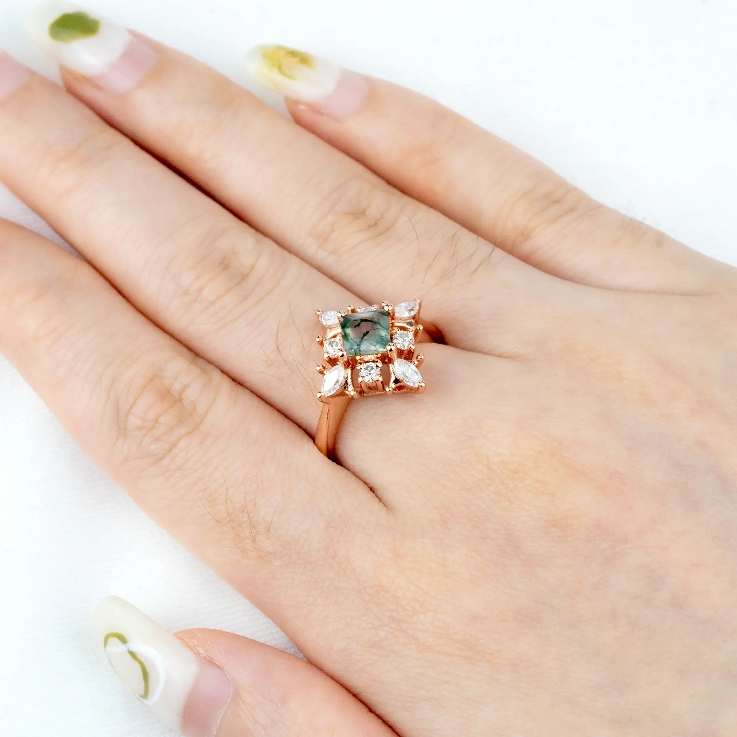 Princess Cut Moss Agate Engagement Rings Art Anniversary Rings Custom nature inspired jewelry for ladies