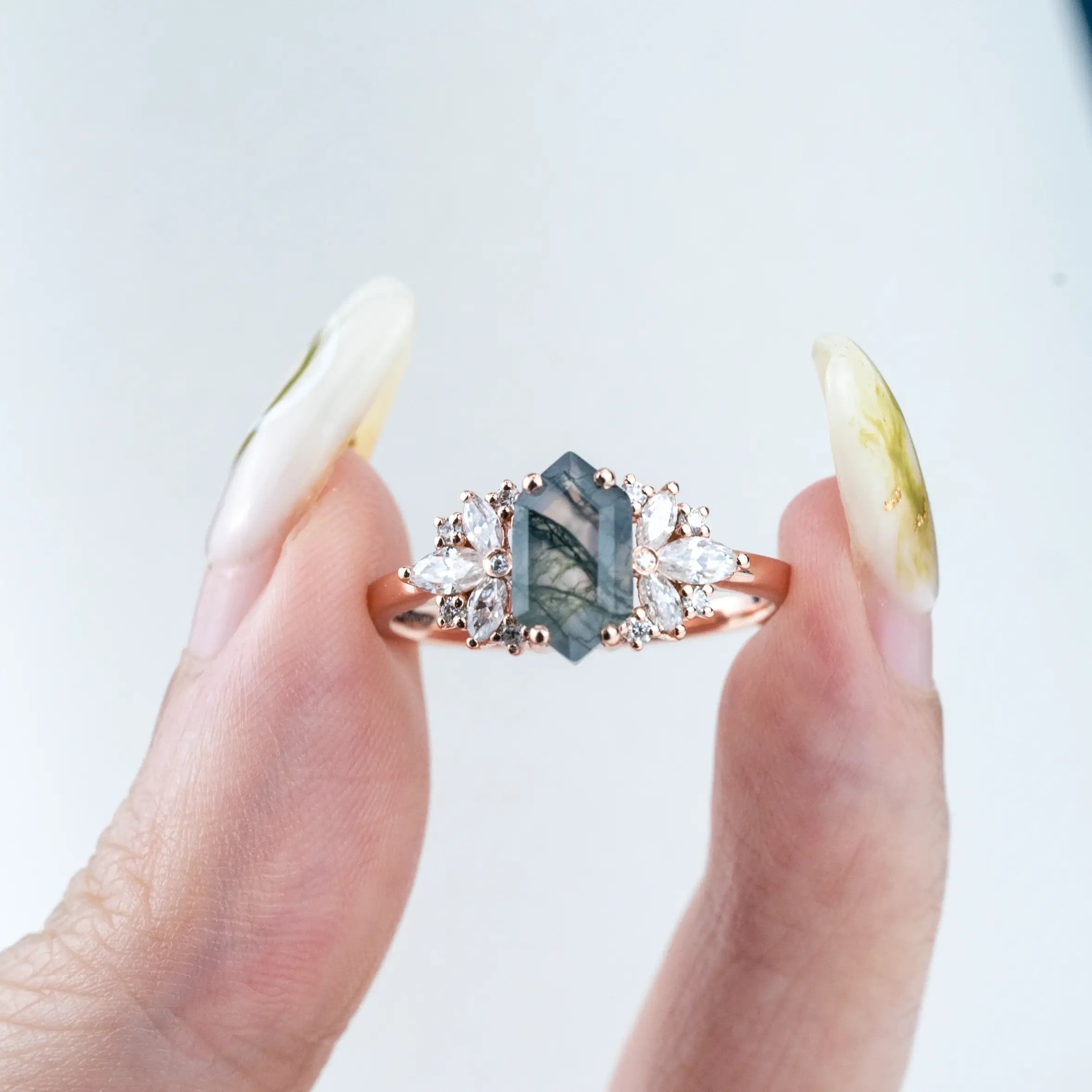 Custom Flower Gold Ring Cluster Moss Agate Engagement Rings ORLEONE JEWELRY anniversay rings for ladies