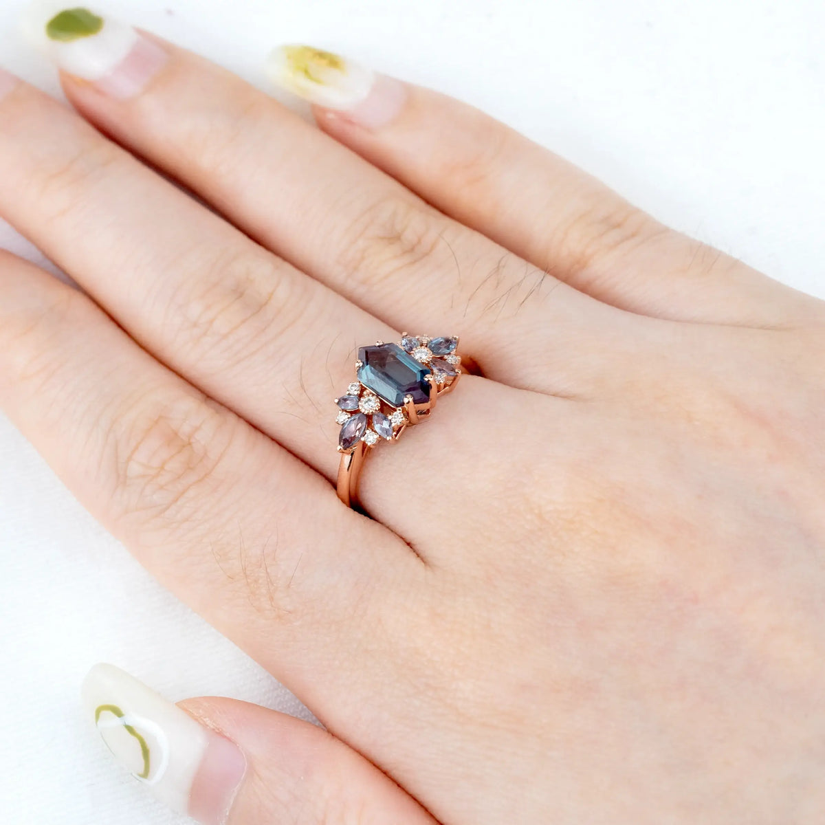 Alexandrite Art Ring | ORLEONE Custom June Birthstone Rings for women anniversary rings Long Hexagon Cut Gemstone