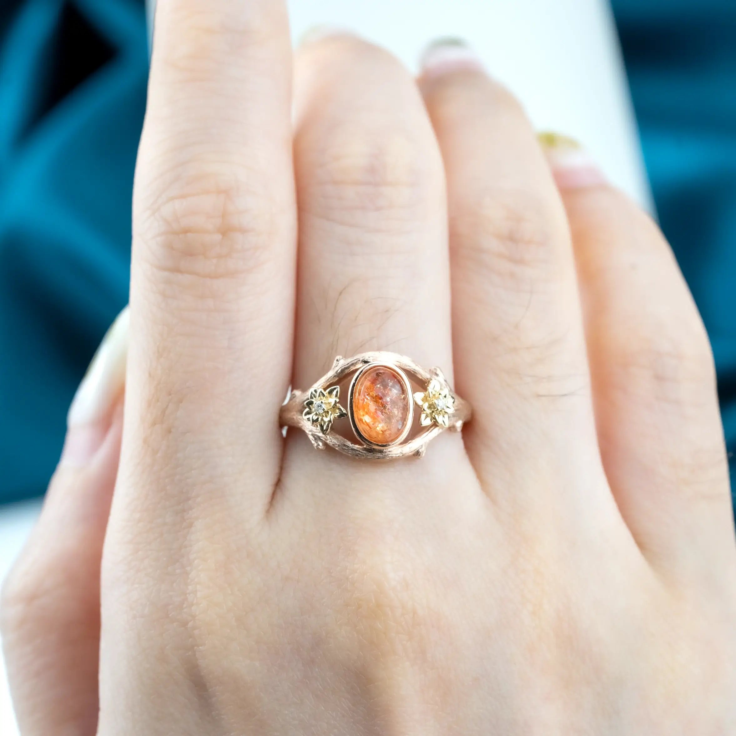 ORLEONE | Oval Sunstone Flower Rings Promise Engagement Ring Handmade Unique anniversary Rings for ladies