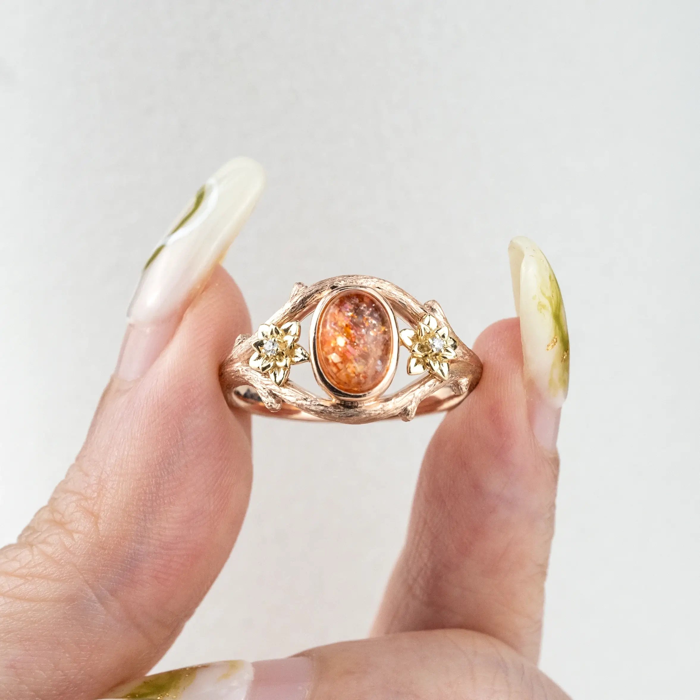 ORLEONE | Oval Sunstone Flower Rings Promise Engagement Ring Handmade Unique anniversary Rings for ladies gift