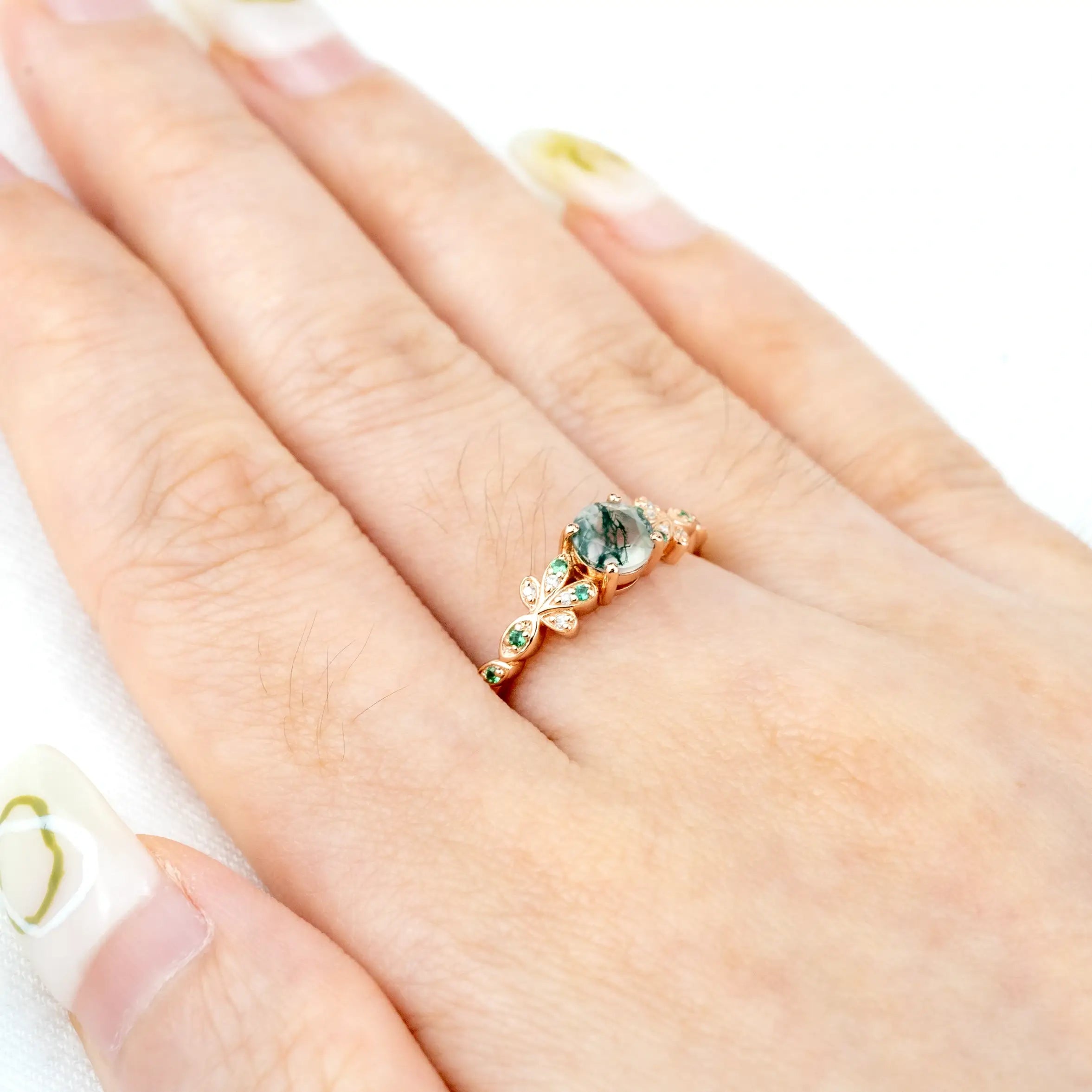 Blossom - Round Cut Moss Agate Engagement Ring Custom Flower Ring