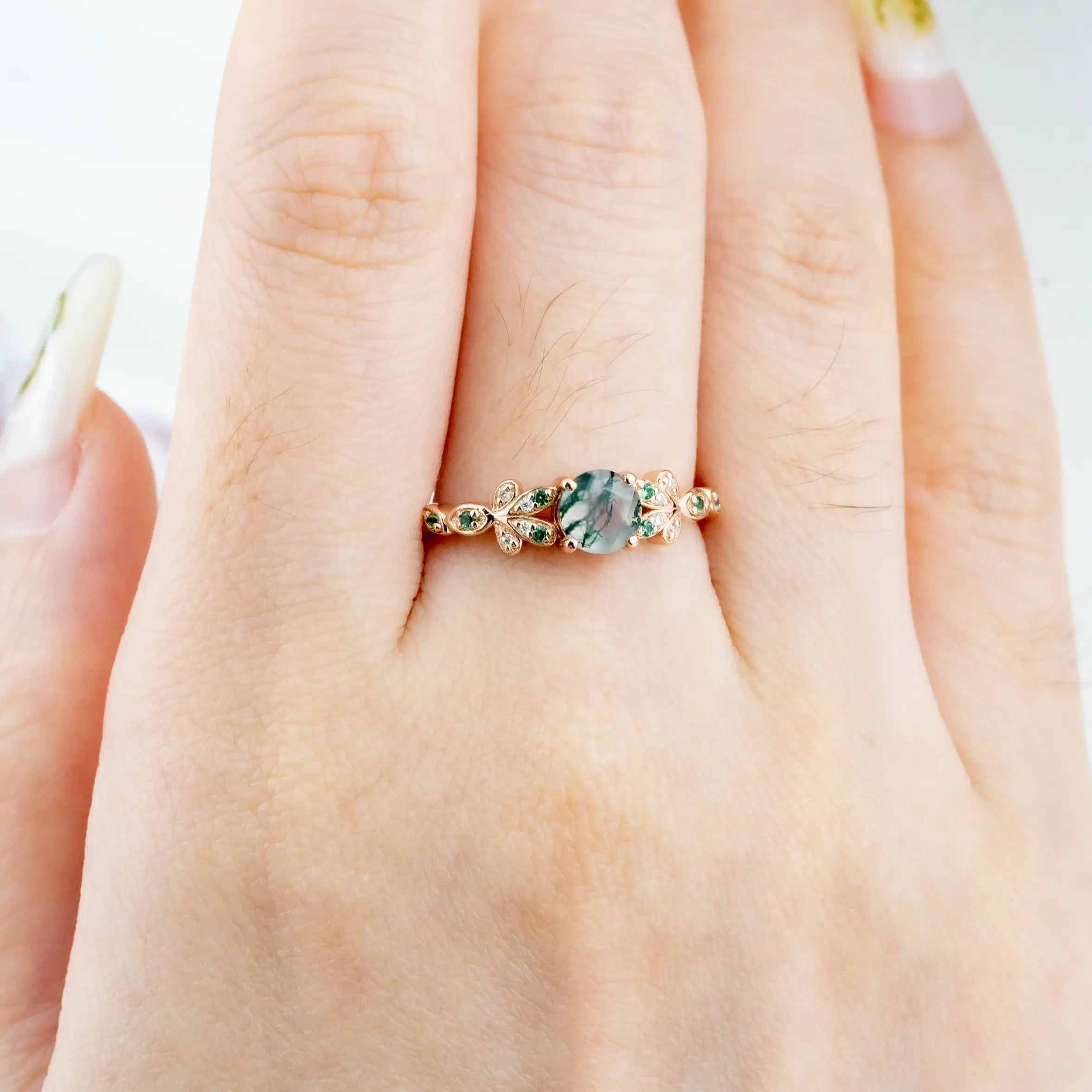 Blossom - Round Cut Moss Agate Engagement Ring Custom Flower Ring