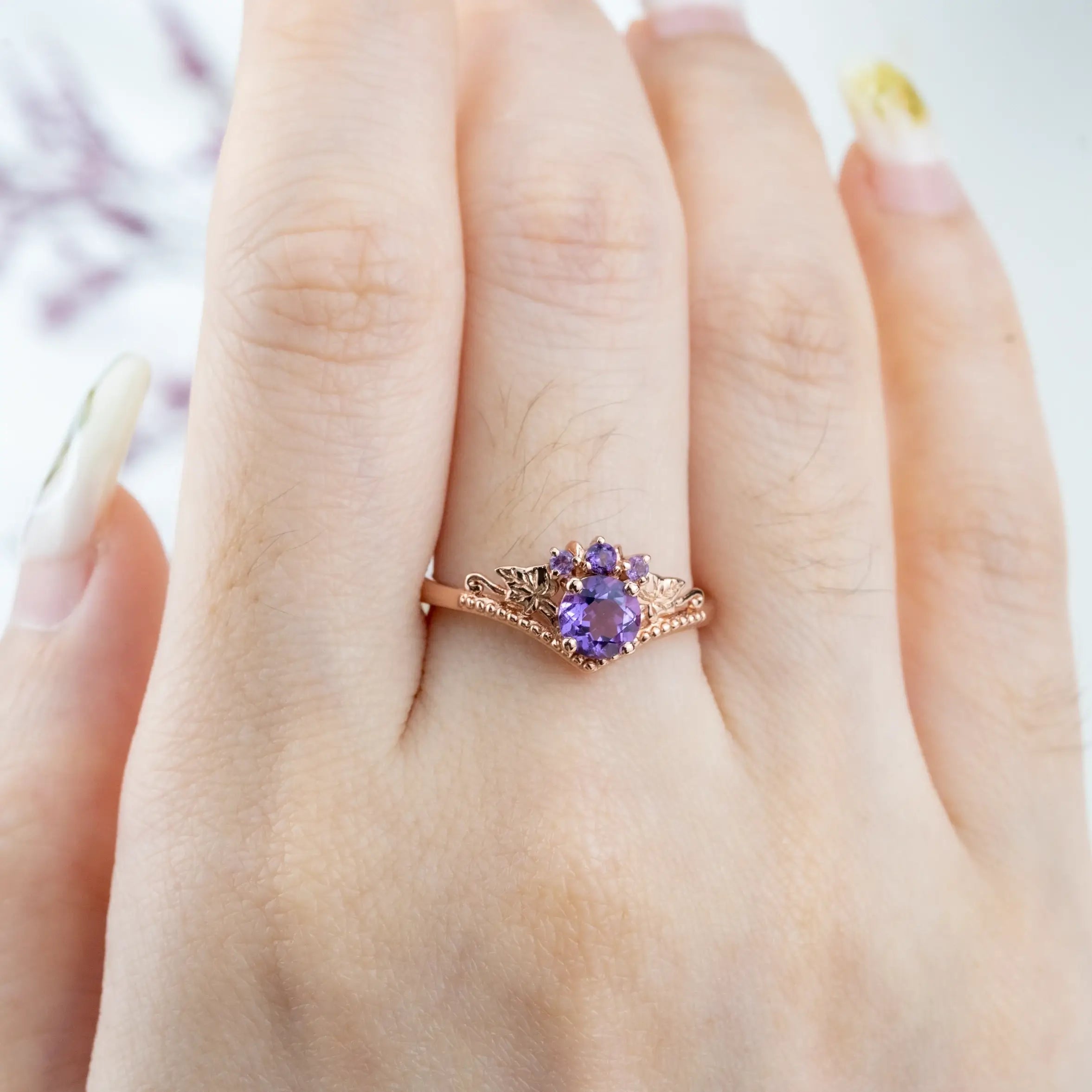 Amethyst Bloom Ring – Nature-Inspired Vintage Leaf Engagement Ring February birthstone rings