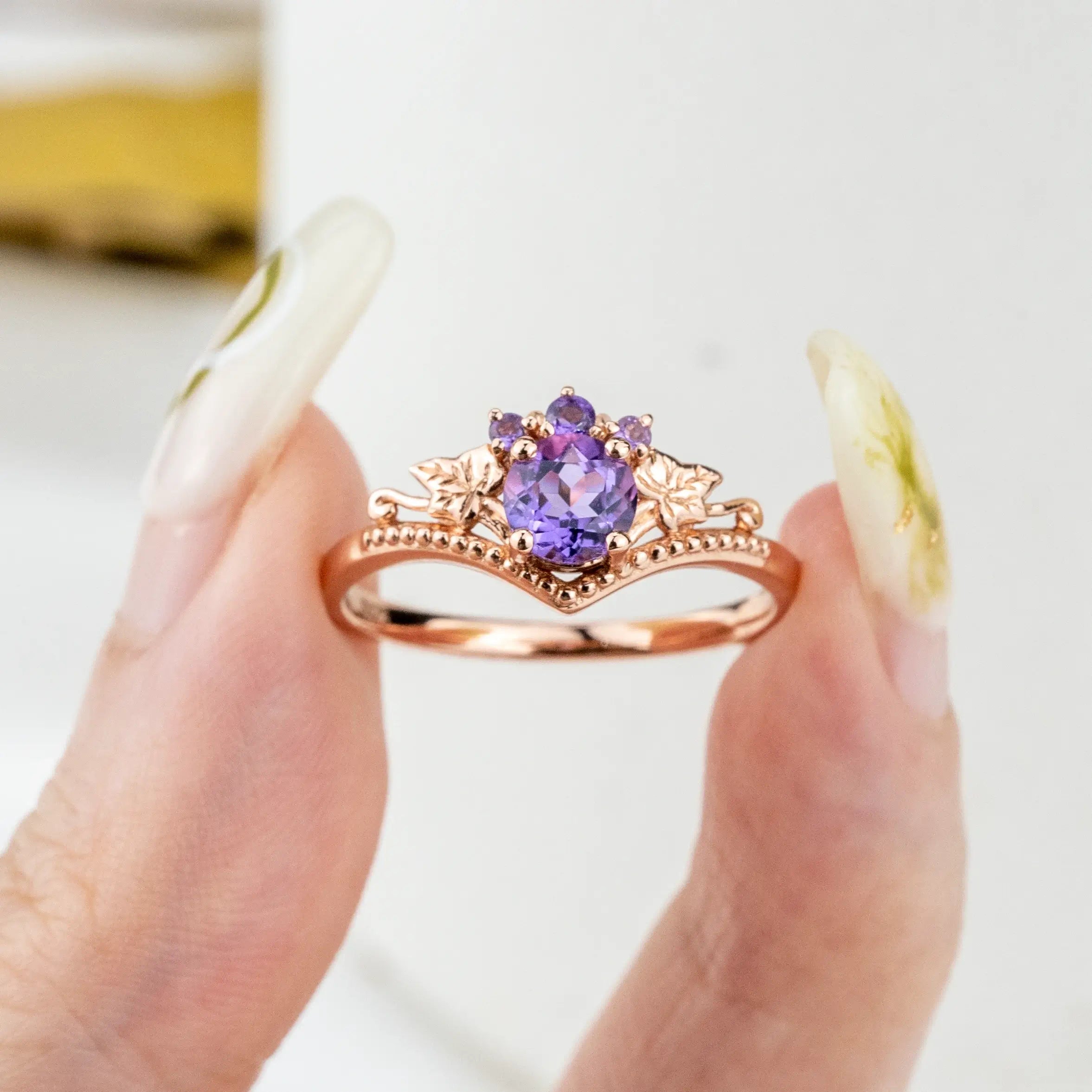 Amethyst Bloom Ring – Nature-Inspired Vintage Leaf Engagement Ring February birthstone rings