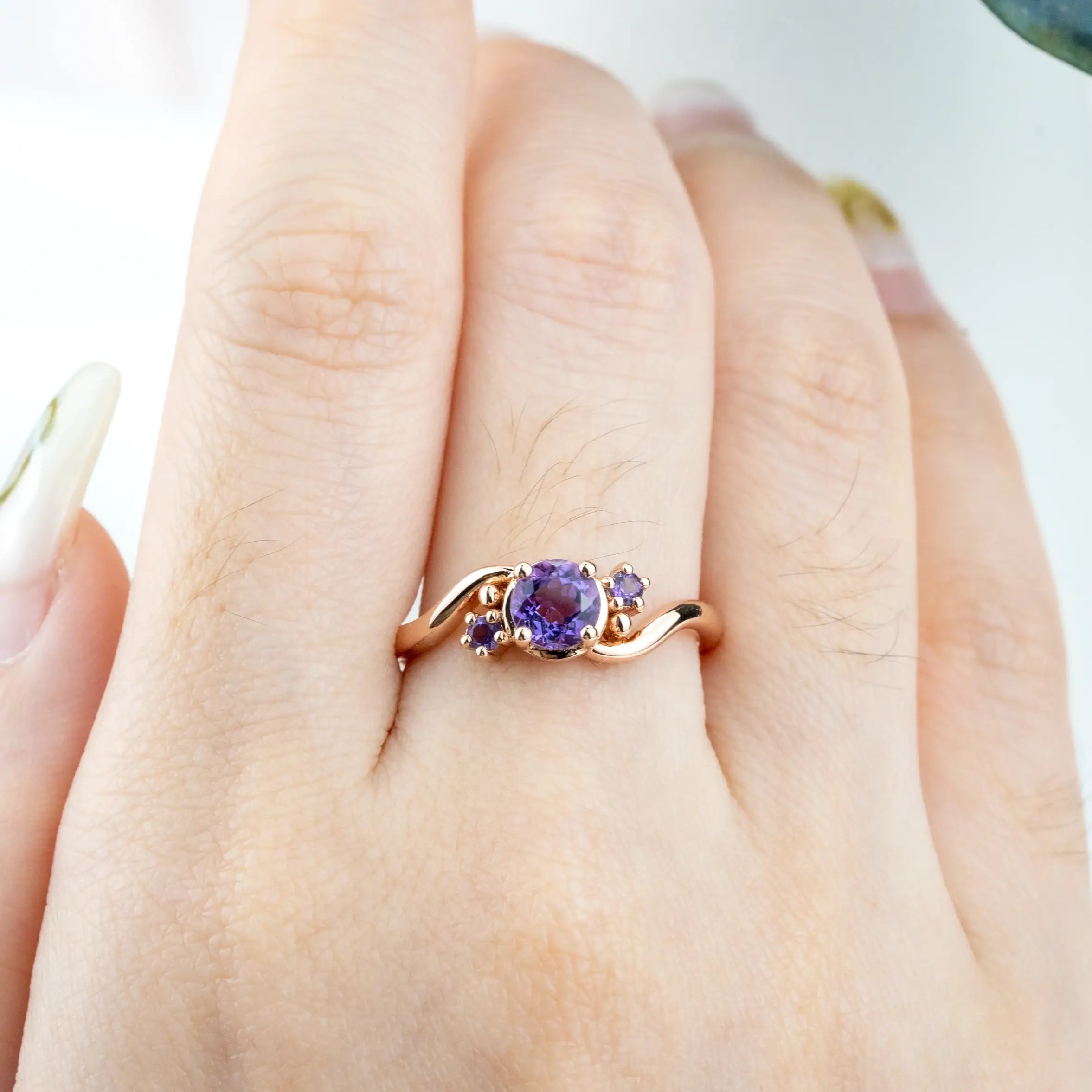 Twilight Amethyst Ring, featuring a natural round-cut amethyst and twisted gold band. engagement rings for women gift