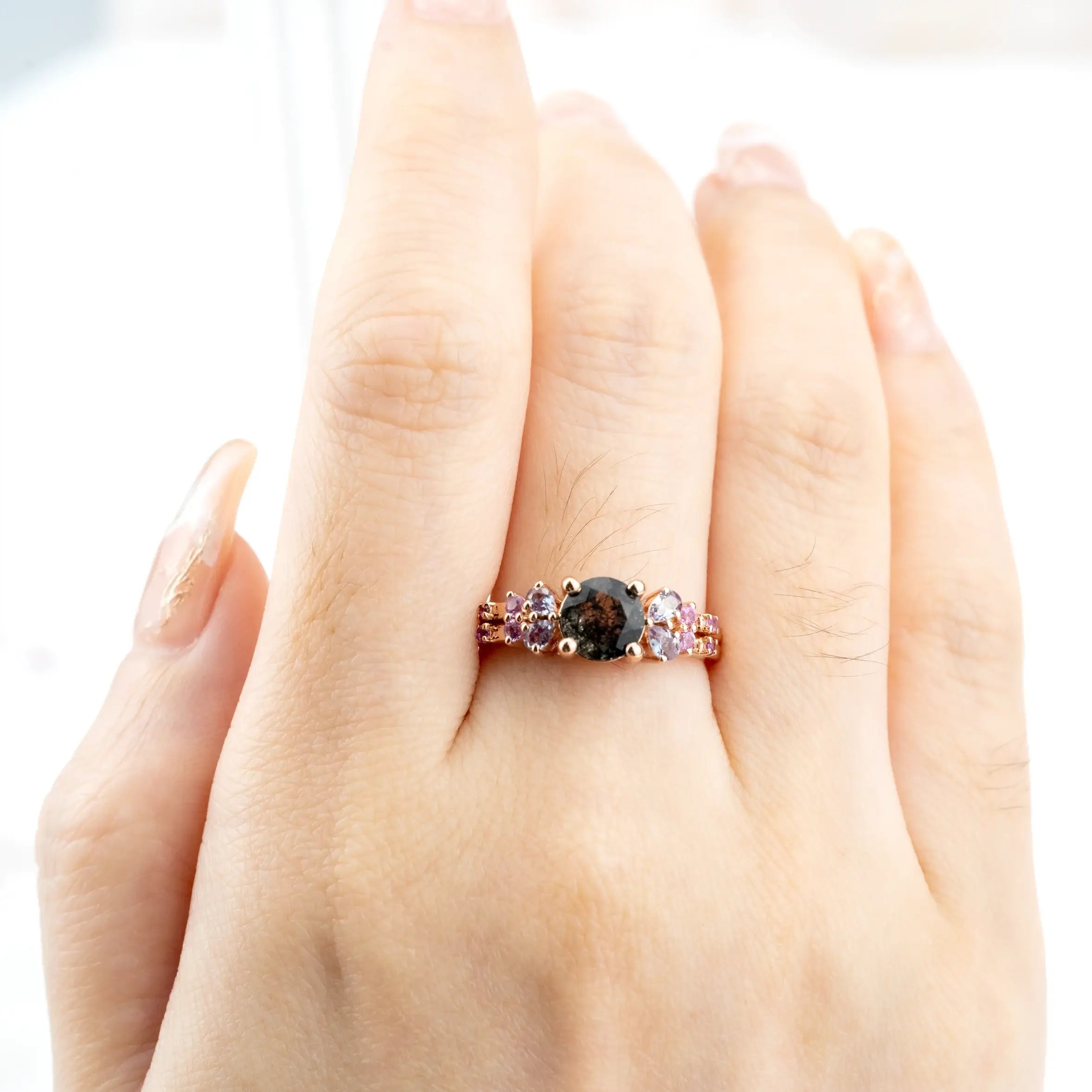 Black Rutilated Quartz Engagement Rings | Handmade Rose Gold Cluster Rings Rrt Design Jewelry FOR WOMEN