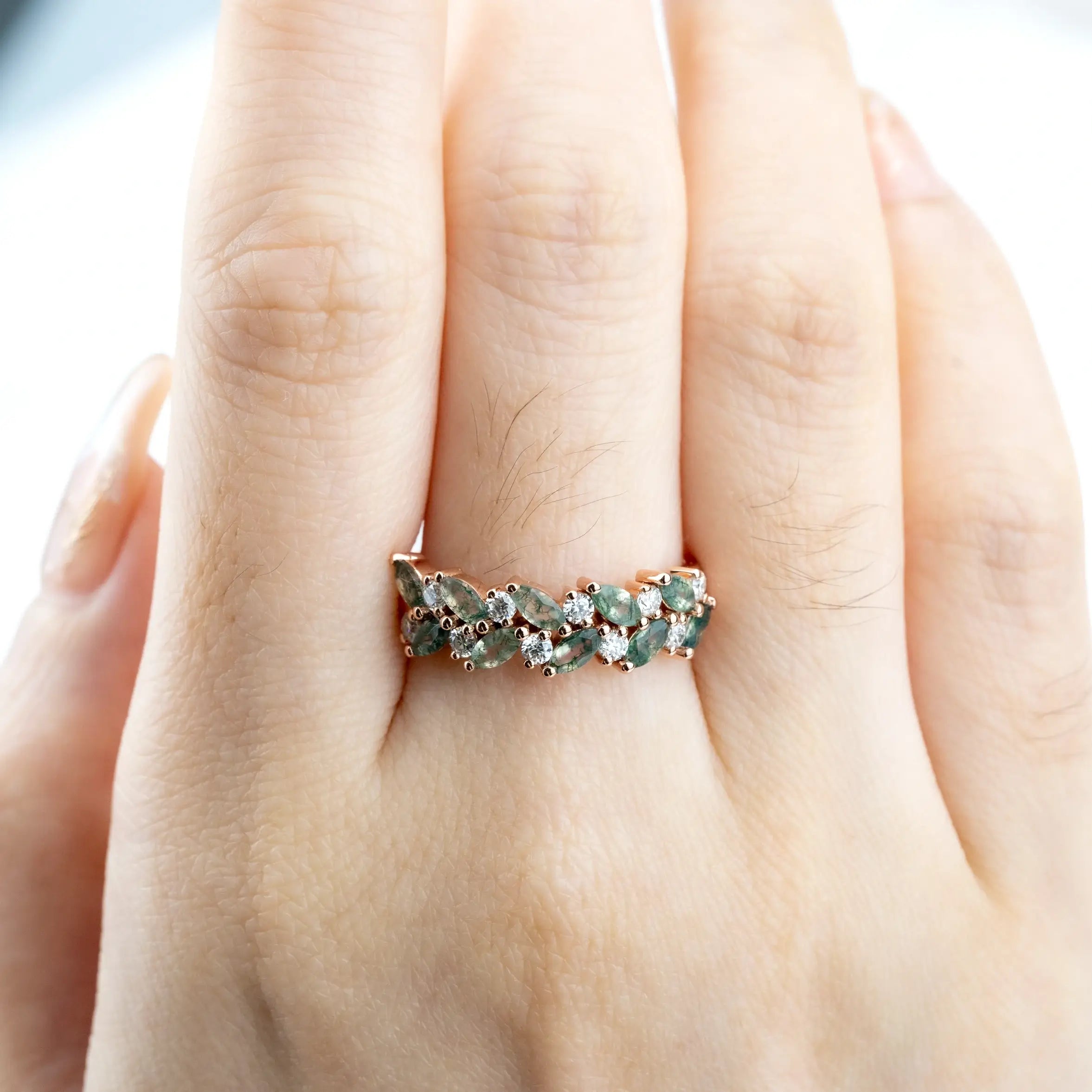 Moss Agate & Diamond Wedding Band | Nature-Inspired Design Art Rings Row setting ring