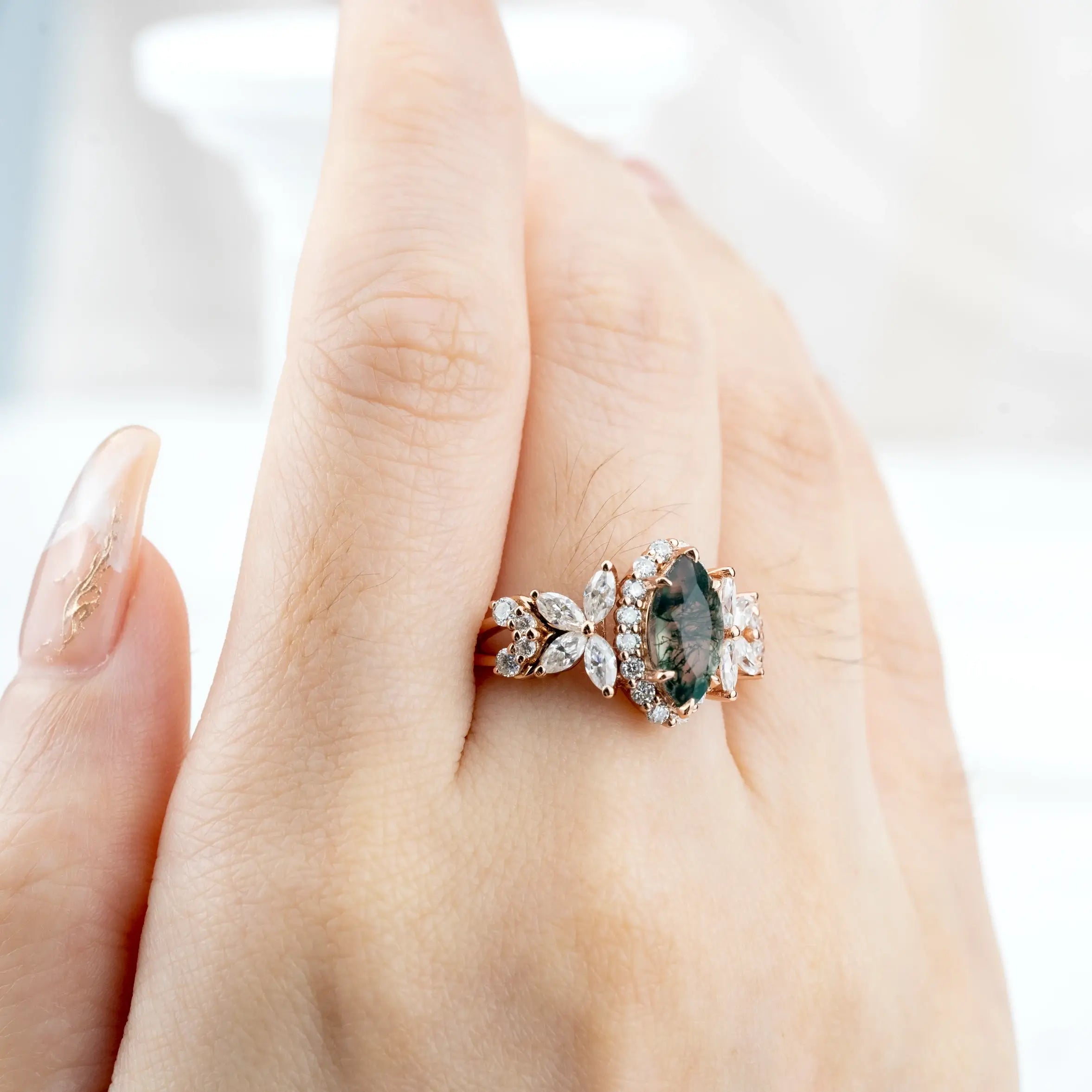 butterfly Design Luxurious Marquise Moss Agate Engagement Rings Halo Ring Custom gold ring jewelry