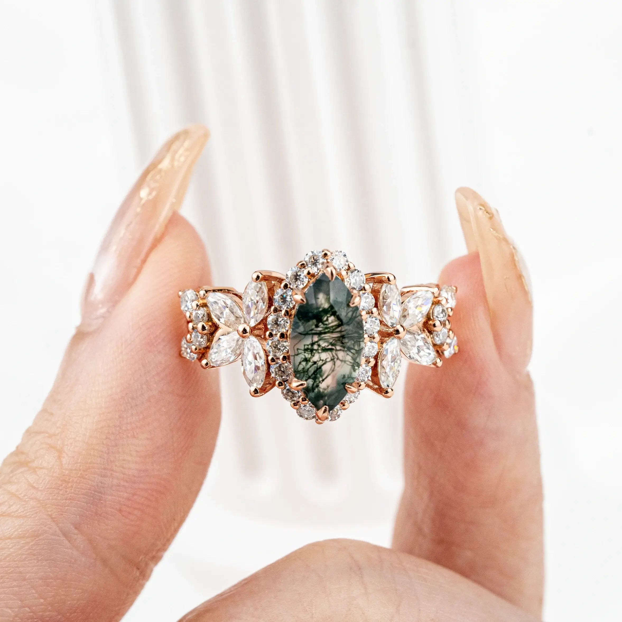 butterfly Design Luxurious Marquise Moss Agate Engagement Rings Halo Ring Custom gold ring jewelry