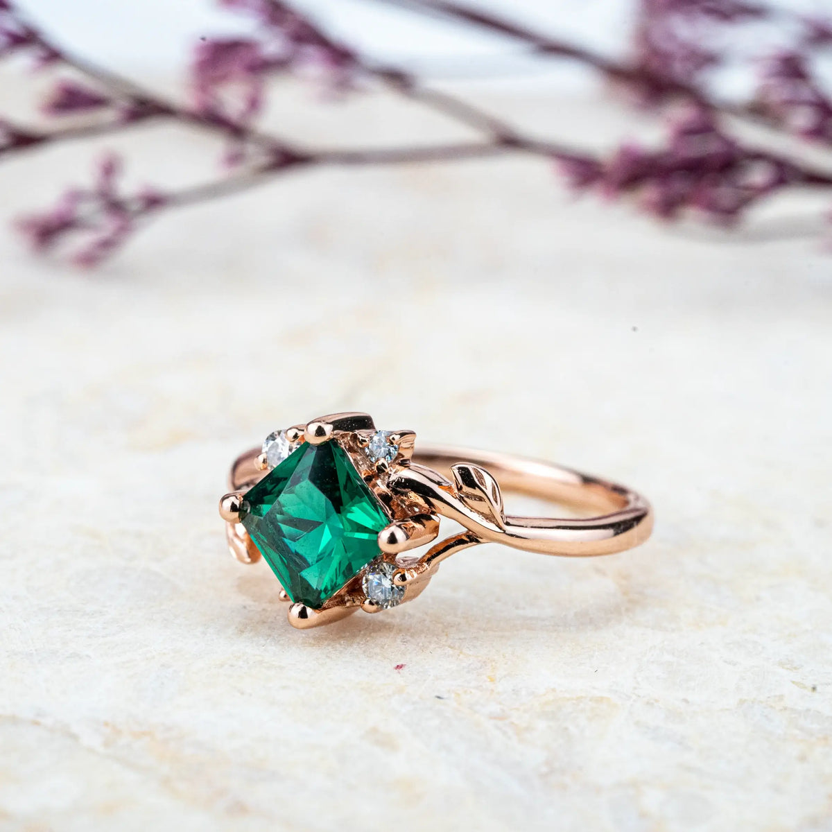 Nature-inspired engagement ring with a vibrant Princess Cut Lab Emerald and moissanite accents,anniversary ring