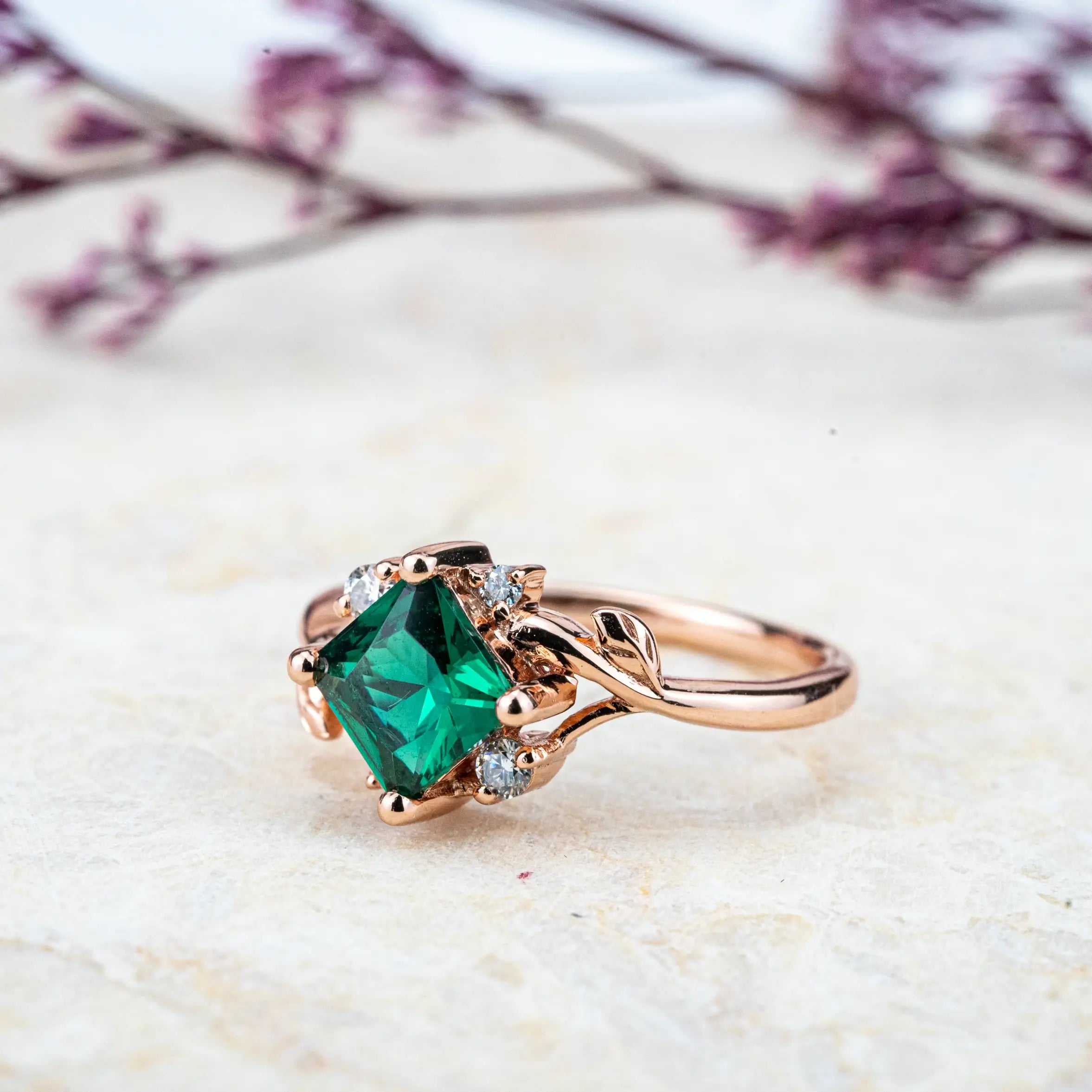 Nature-inspired engagement ring with a vibrant Princess Cut Lab Emerald and moissanite accents,anniversary ring