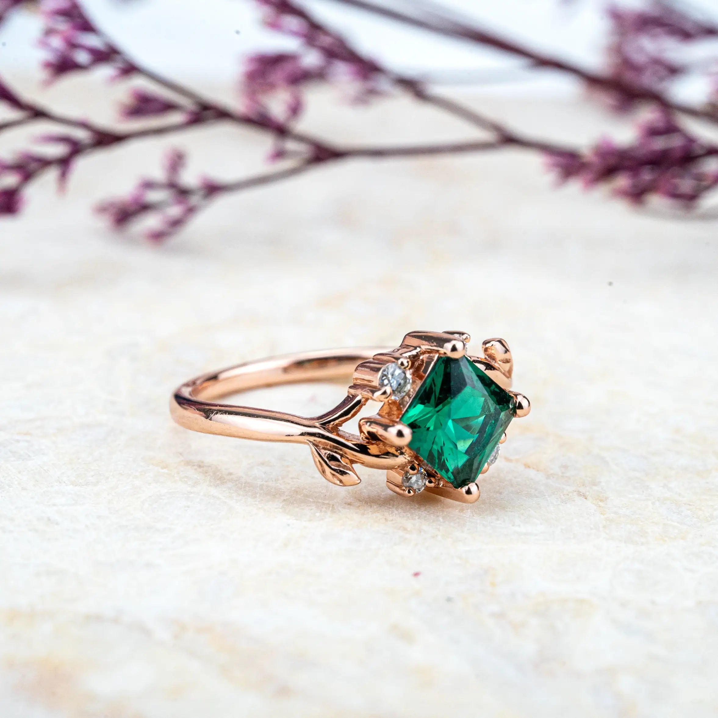 Nature-inspired engagement ring with a vibrant Princess Cut Lab Emerald and moissanite accents,anniversary ring