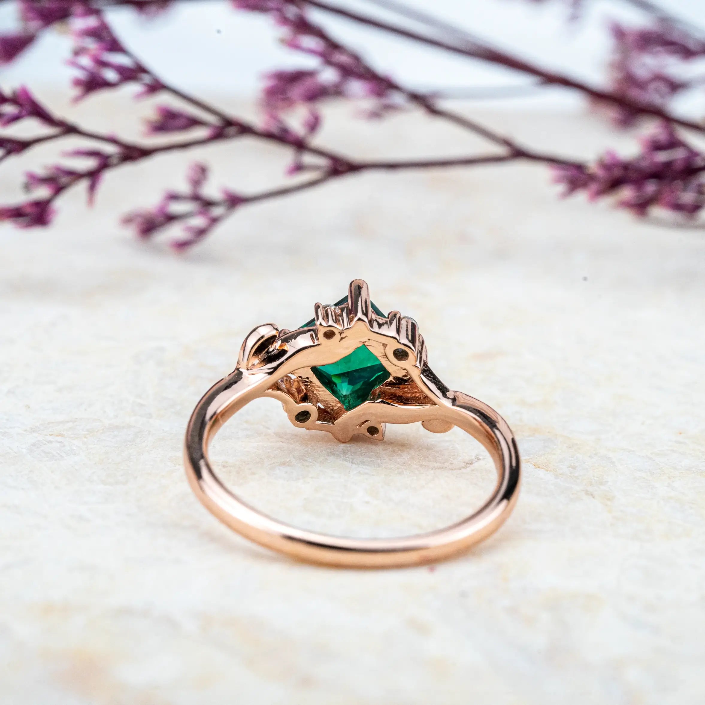 Nature-inspired engagement ring with a vibrant Princess Cut Lab Emerald and moissanite accents,anniversary ring