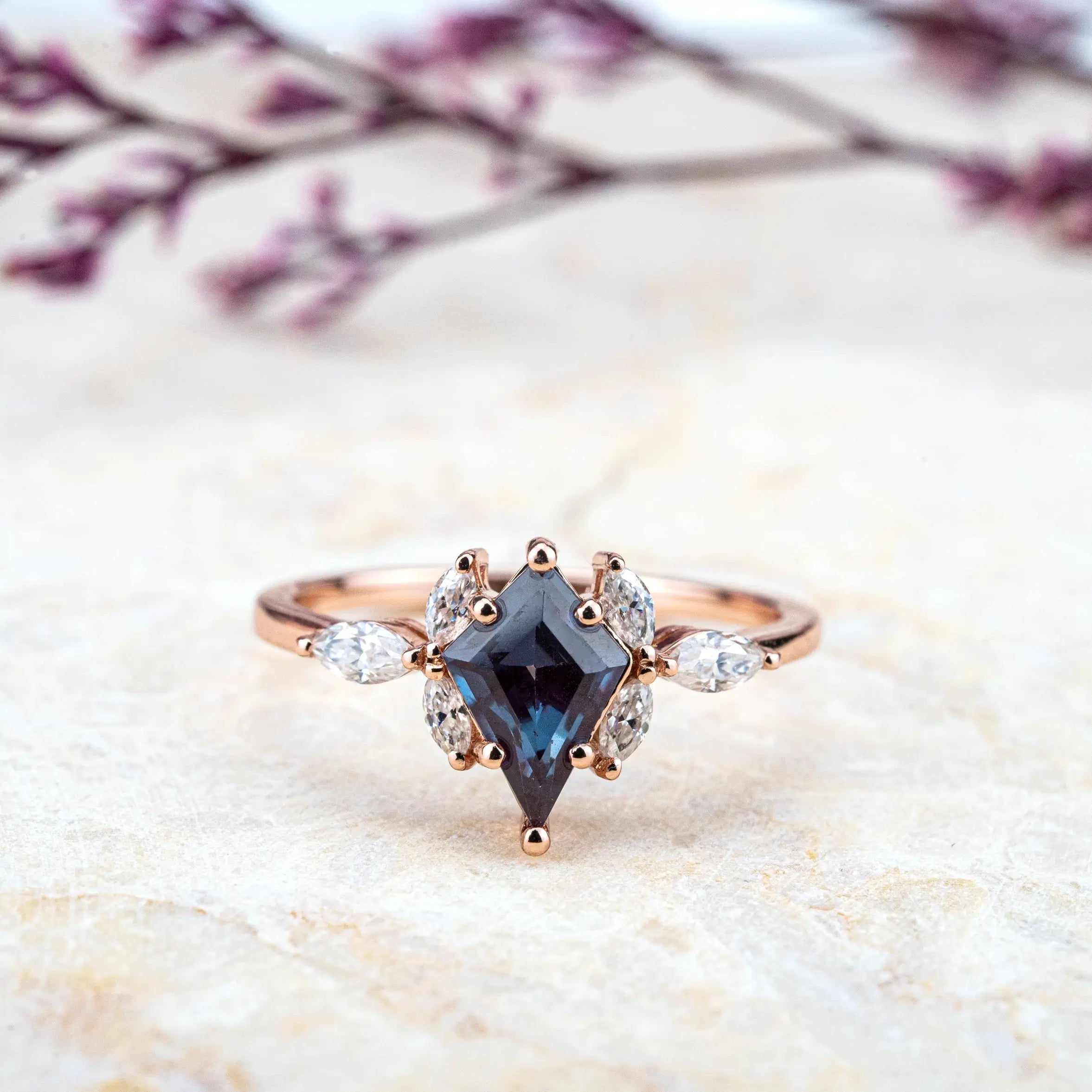 ORLEONE Kite Cut Lab Alexandrite Ring Flower Design Anniversary Rings