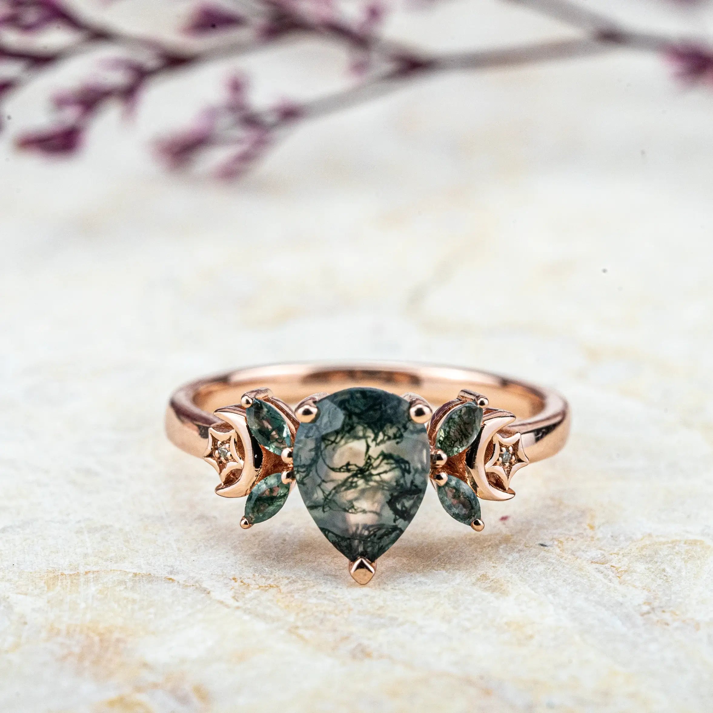 ORLEONE Moss Agate Ring | Nature-Inspired Engagement Rings Custom gold ring for women anniversary gift