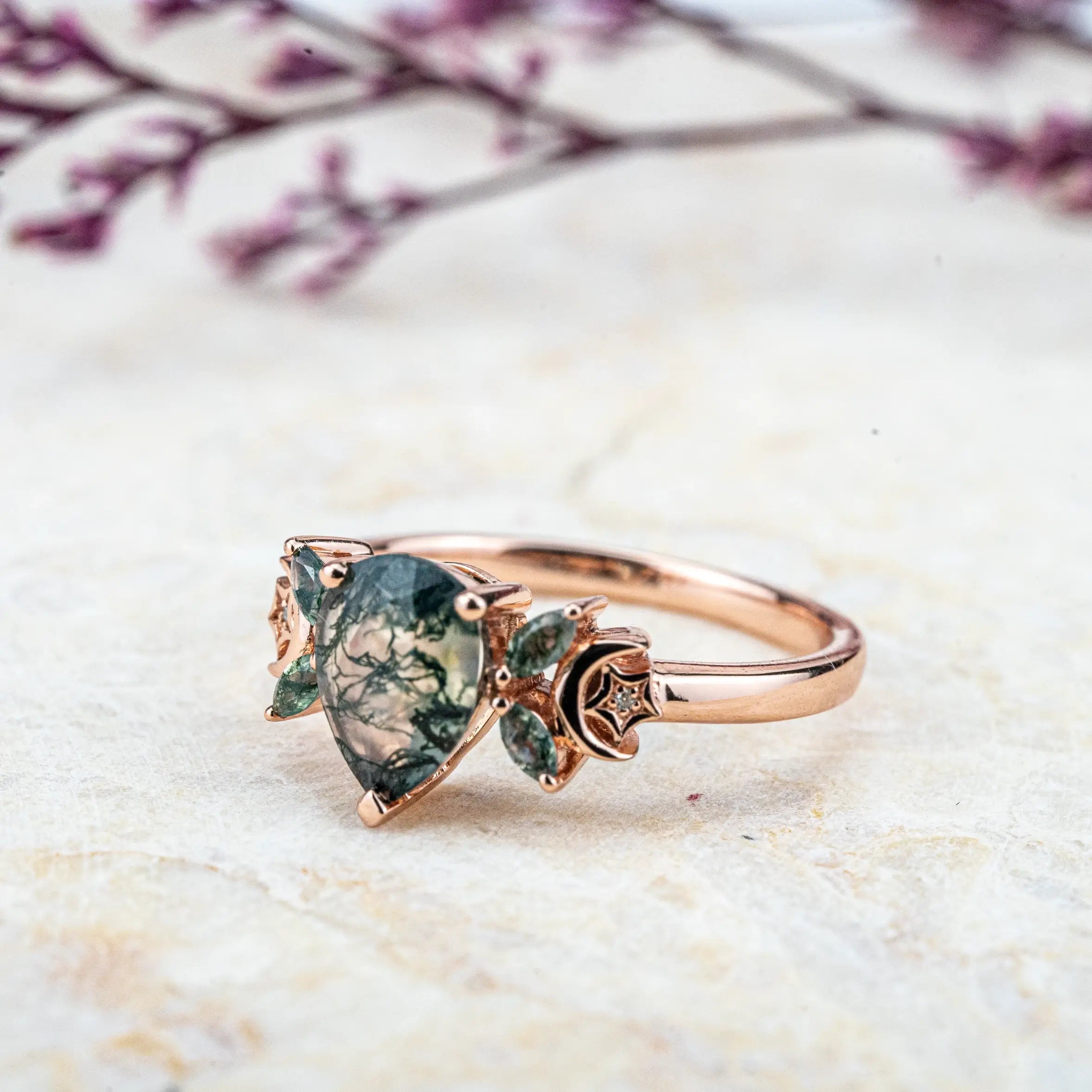 ORLEONE Moss Agate Ring | Nature-Inspired Engagement Rings Custom gold ring for women anniversary gift