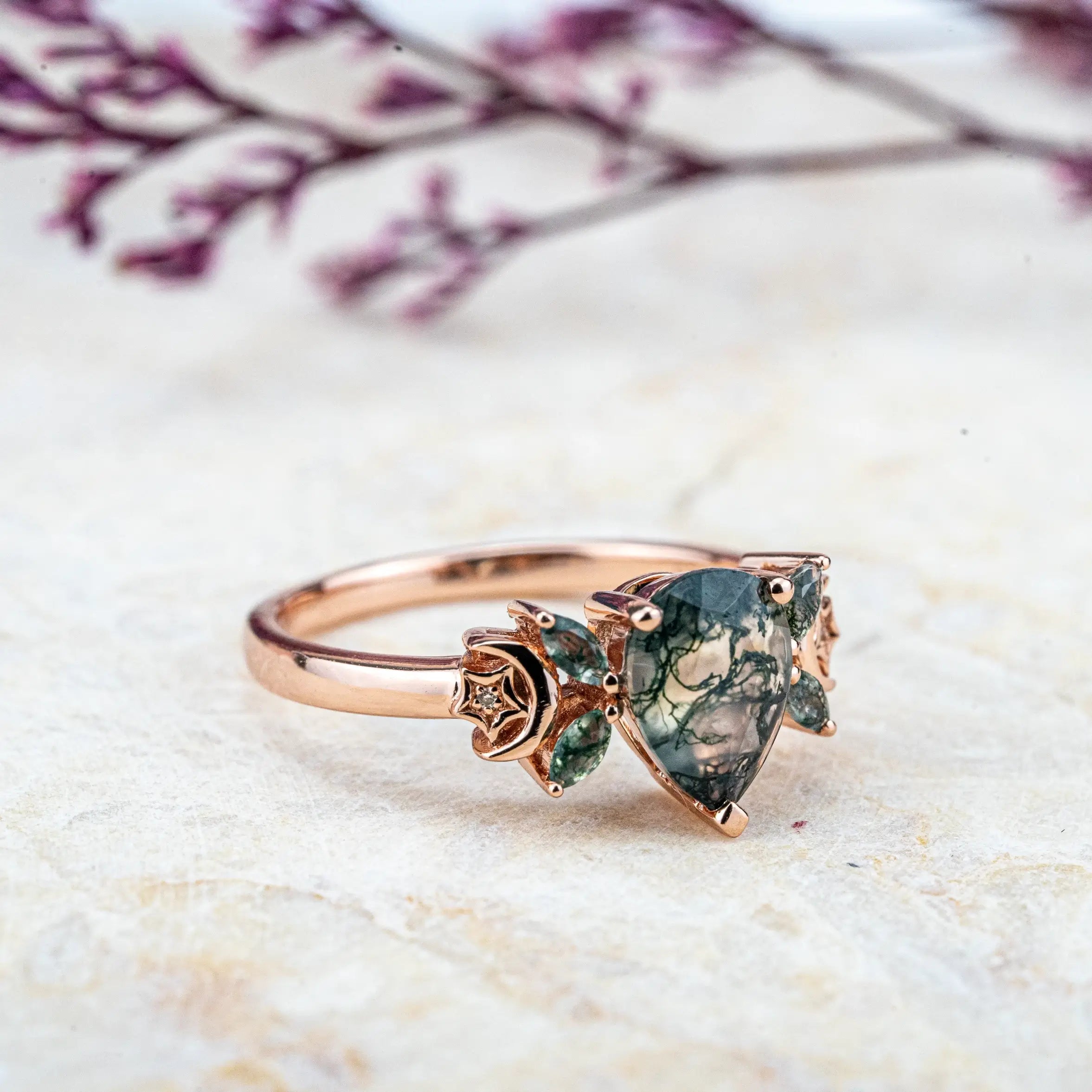 ORLEONE Moss Agate Ring | Nature-Inspired Engagement Rings Custom gold ring for women anniversary gift