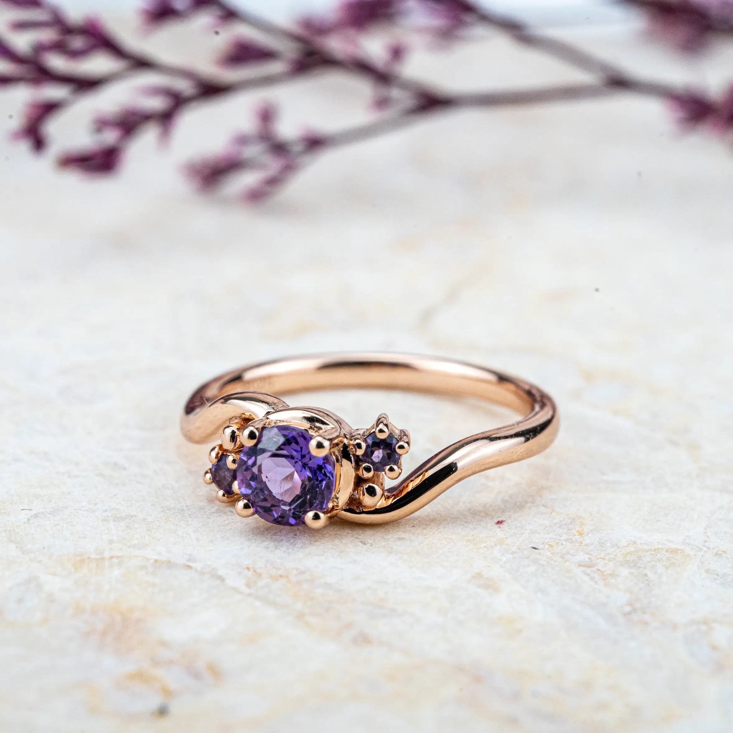 Twilight Amethyst Ring, featuring a natural round-cut amethyst and twisted gold band. engagement rings for women gift