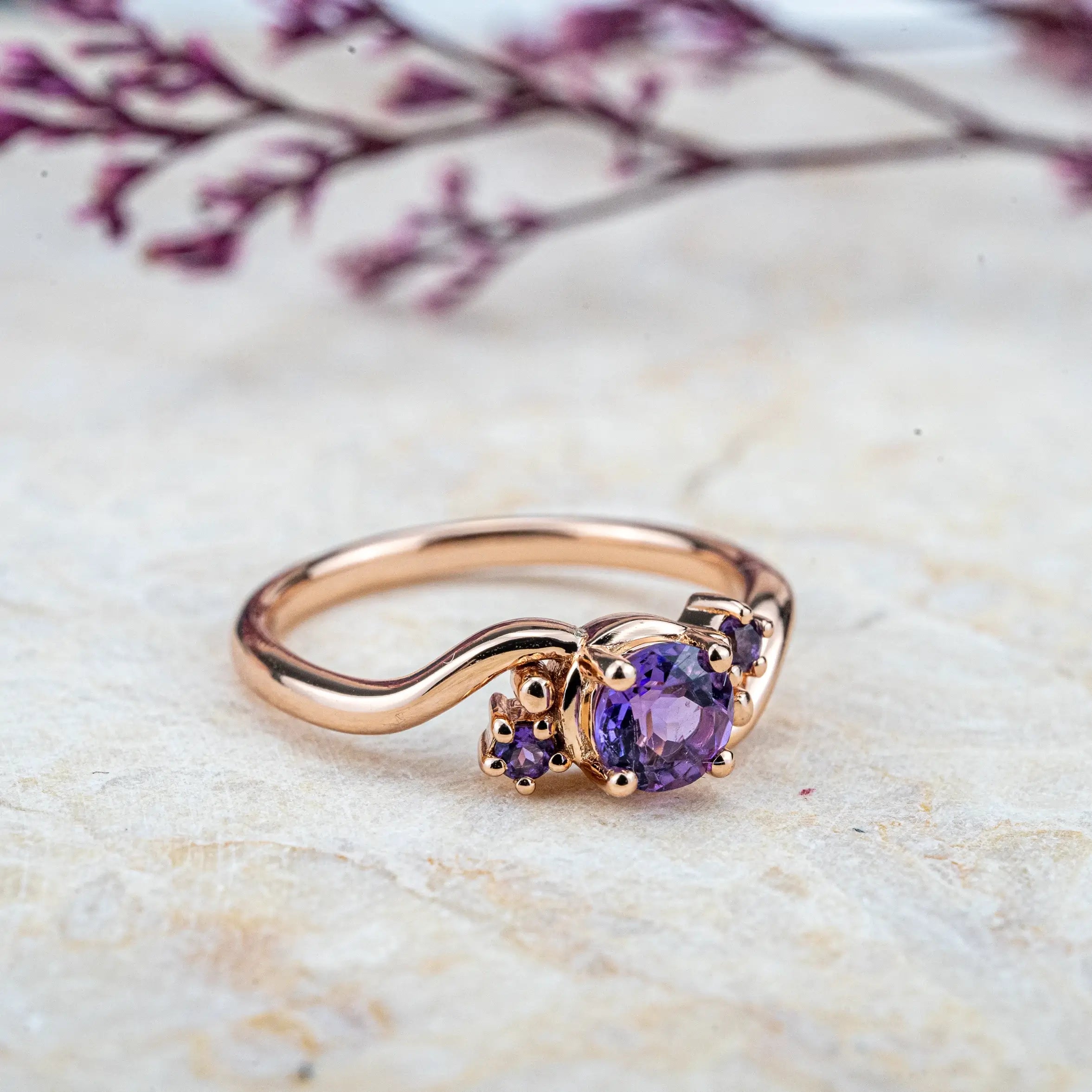 Twilight Amethyst Ring, featuring a natural round-cut amethyst and twisted gold band. engagement rings for women gift