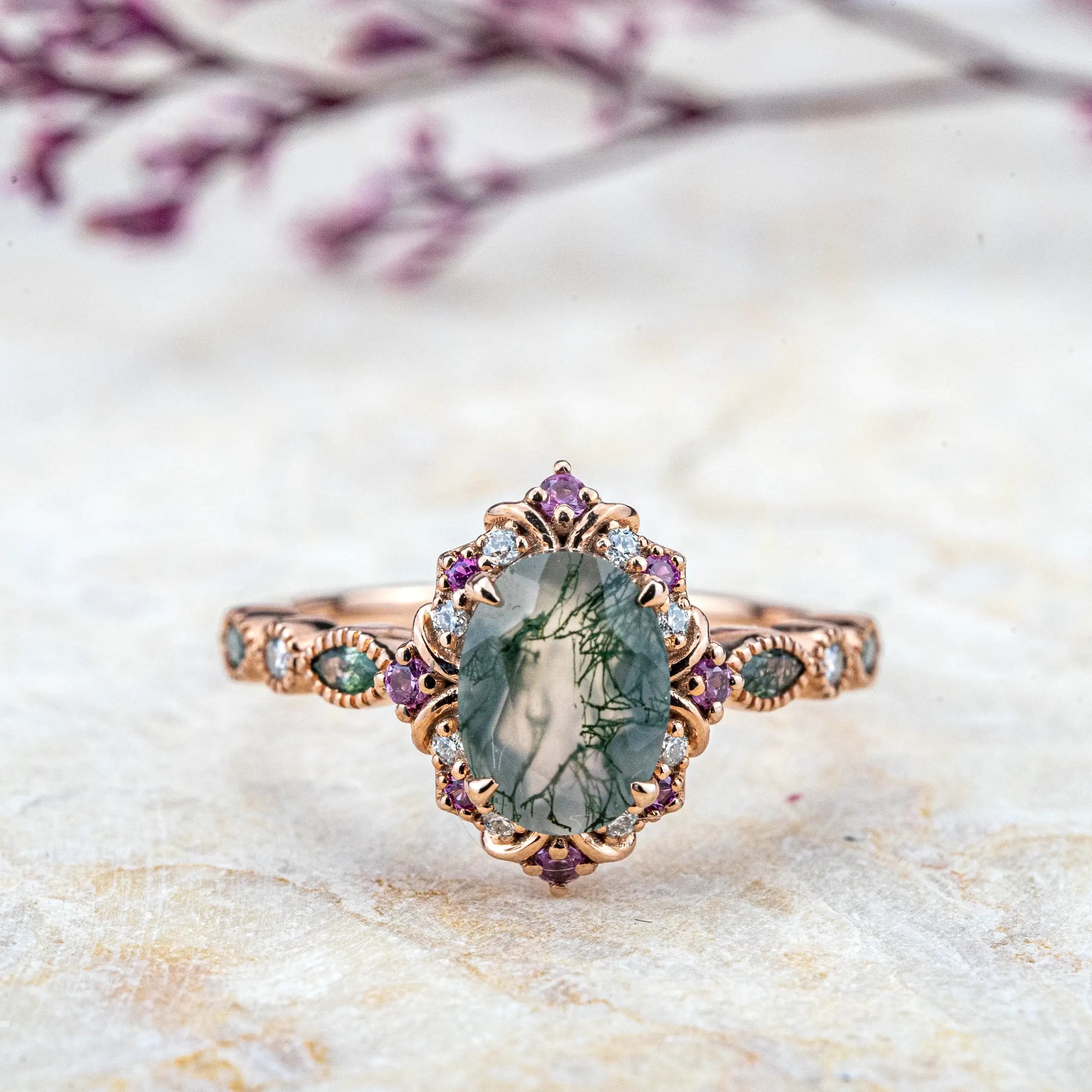 ORLEONE-Oval Moss Agate Rings Vintage Halo Engagement Ring Anniversary Rings for ladies gift