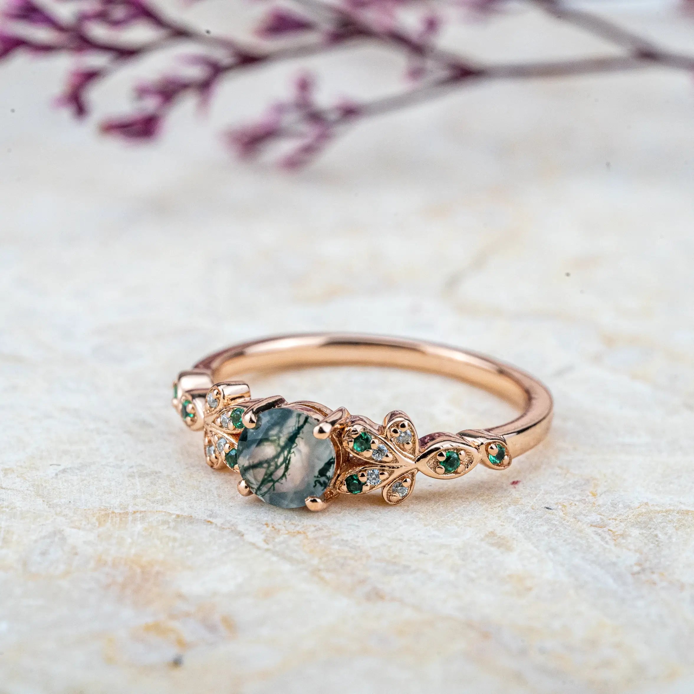 Blossom - Round Cut Moss Agate Engagement Ring Custom Flower Ring