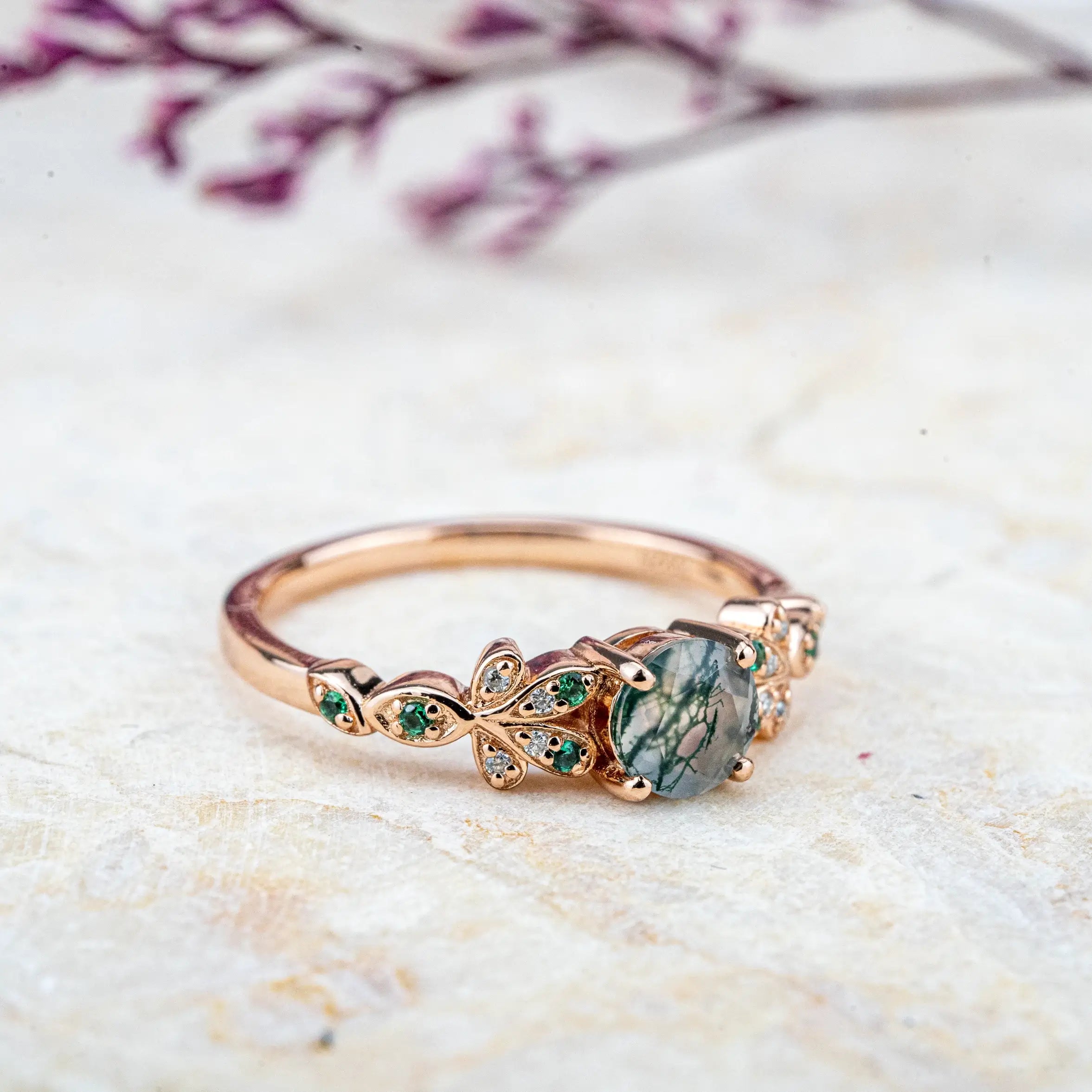 Blossom - Round Cut Moss Agate Engagement Ring Custom Flower Ring