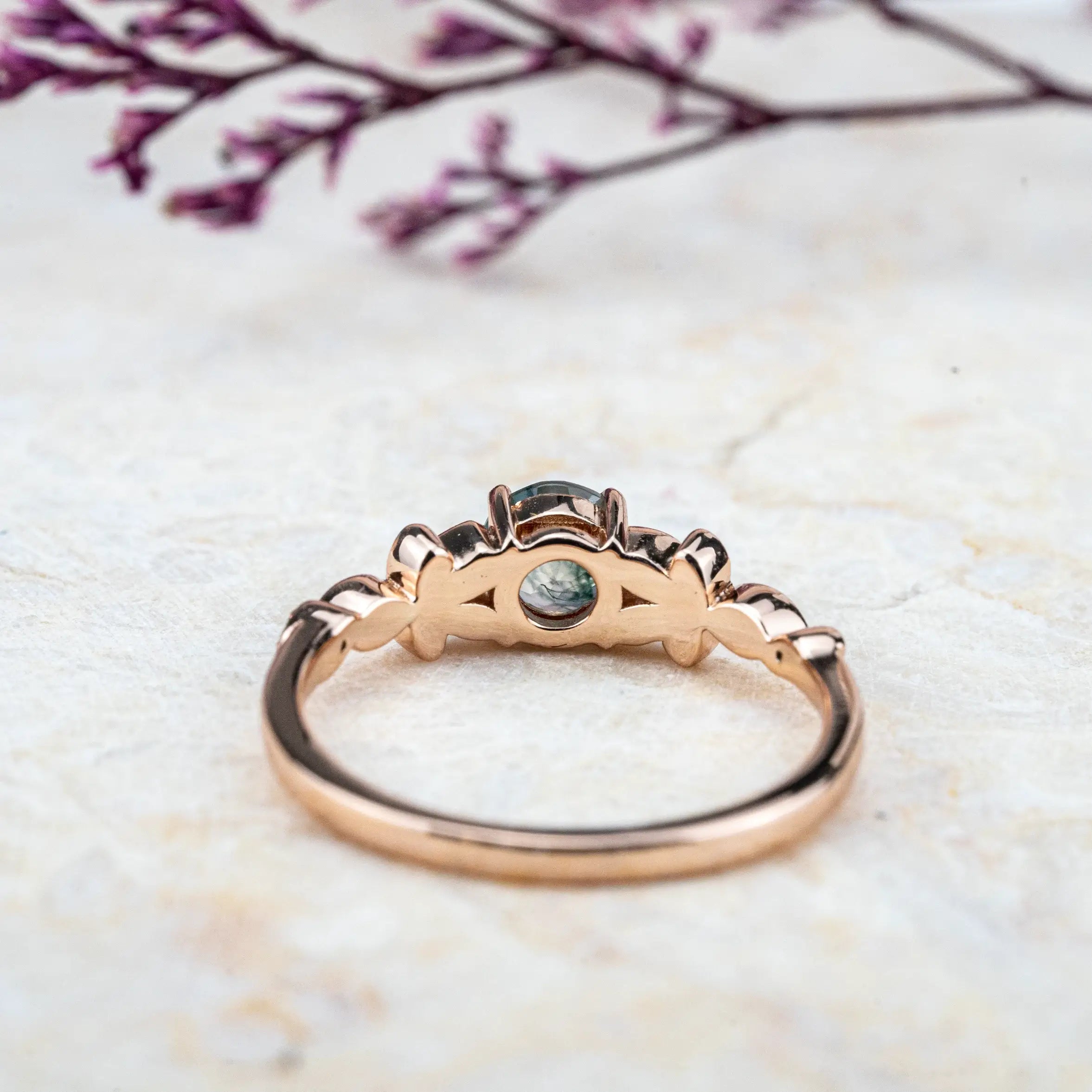 Blossom - Round Cut Moss Agate Engagement Ring Custom Flower Ring