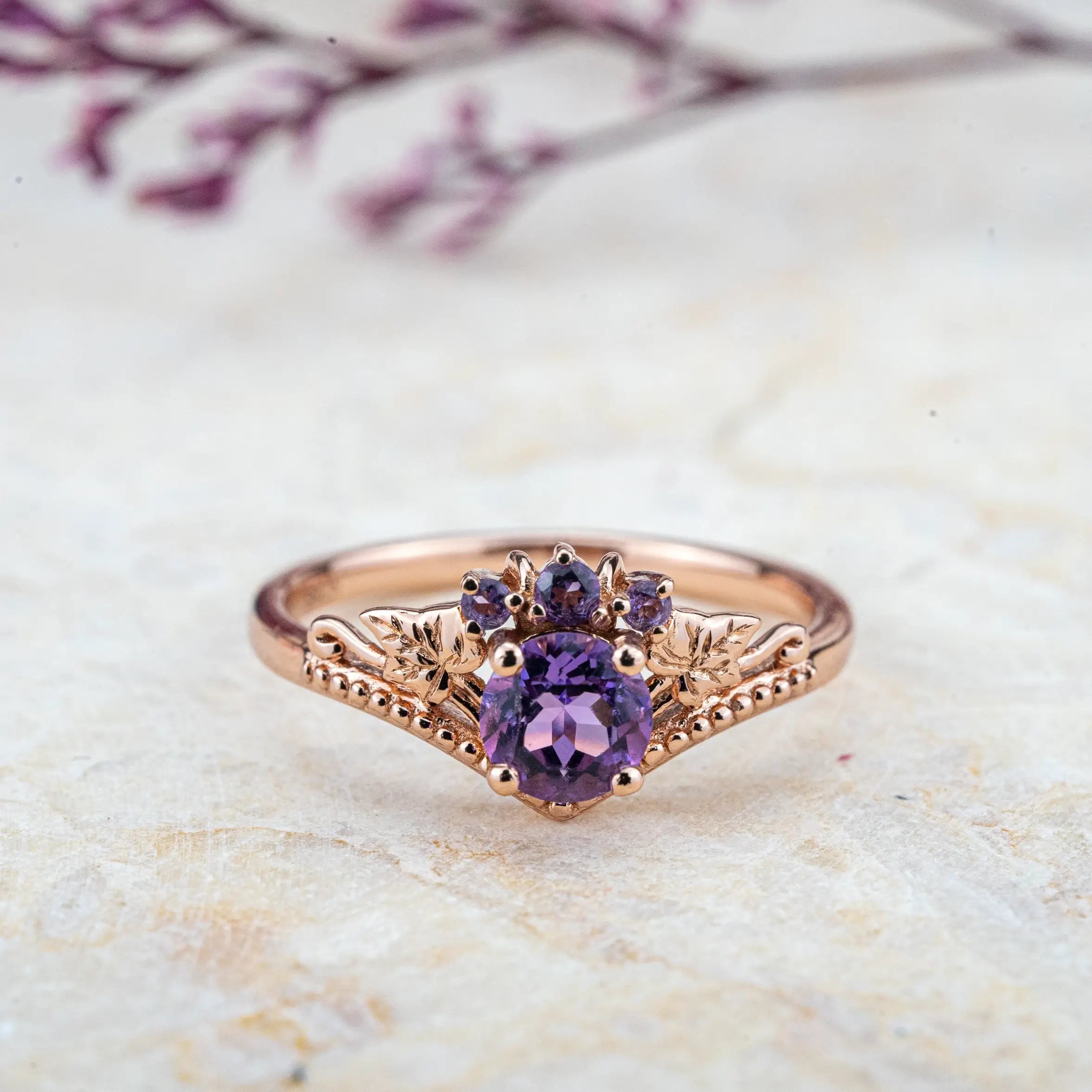 Amethyst Bloom Ring – Nature-Inspired Vintage Leaf Engagement Ring February birthstone rings