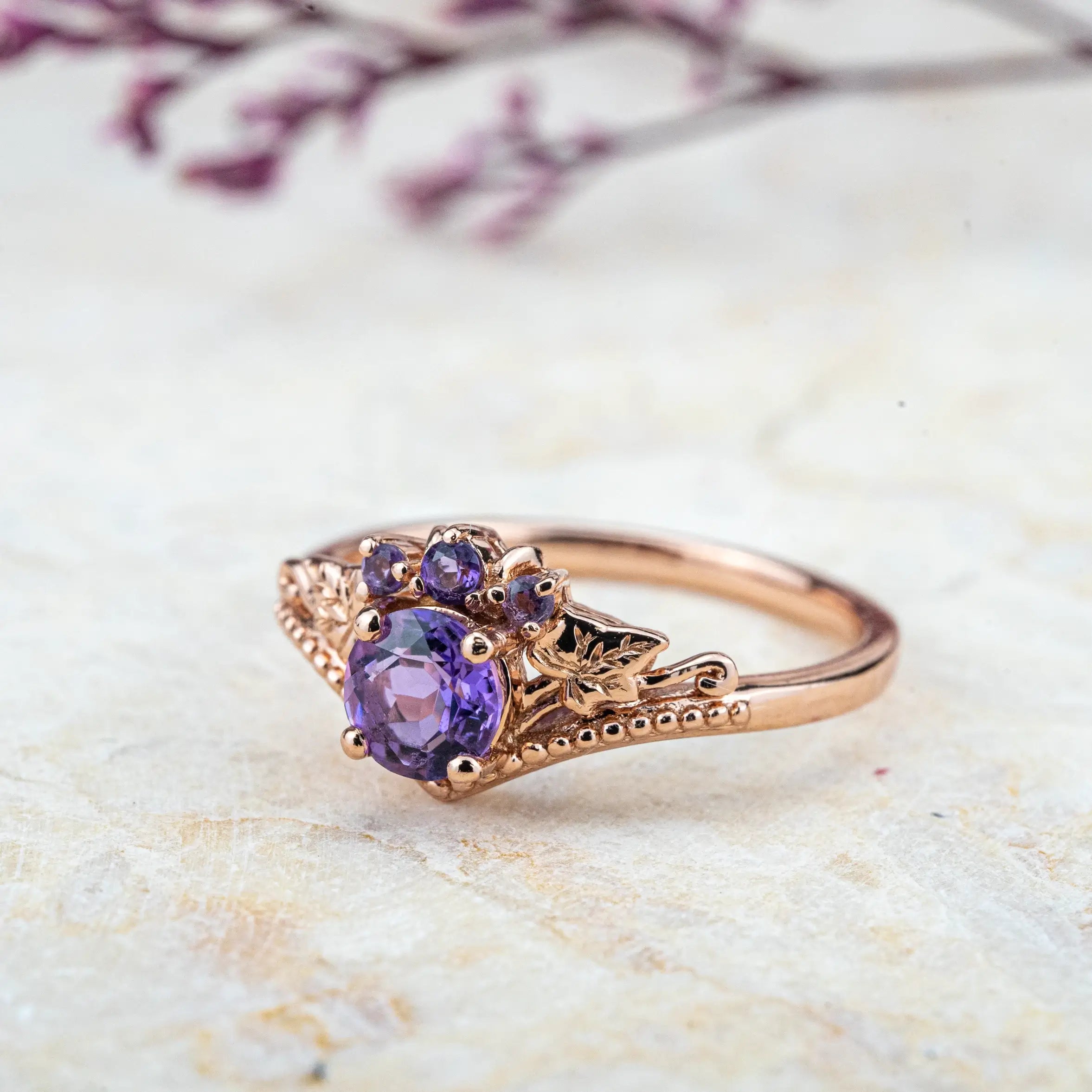 Amethyst Bloom Ring – Nature-Inspired Vintage Leaf Engagement Ring February birthstone rings