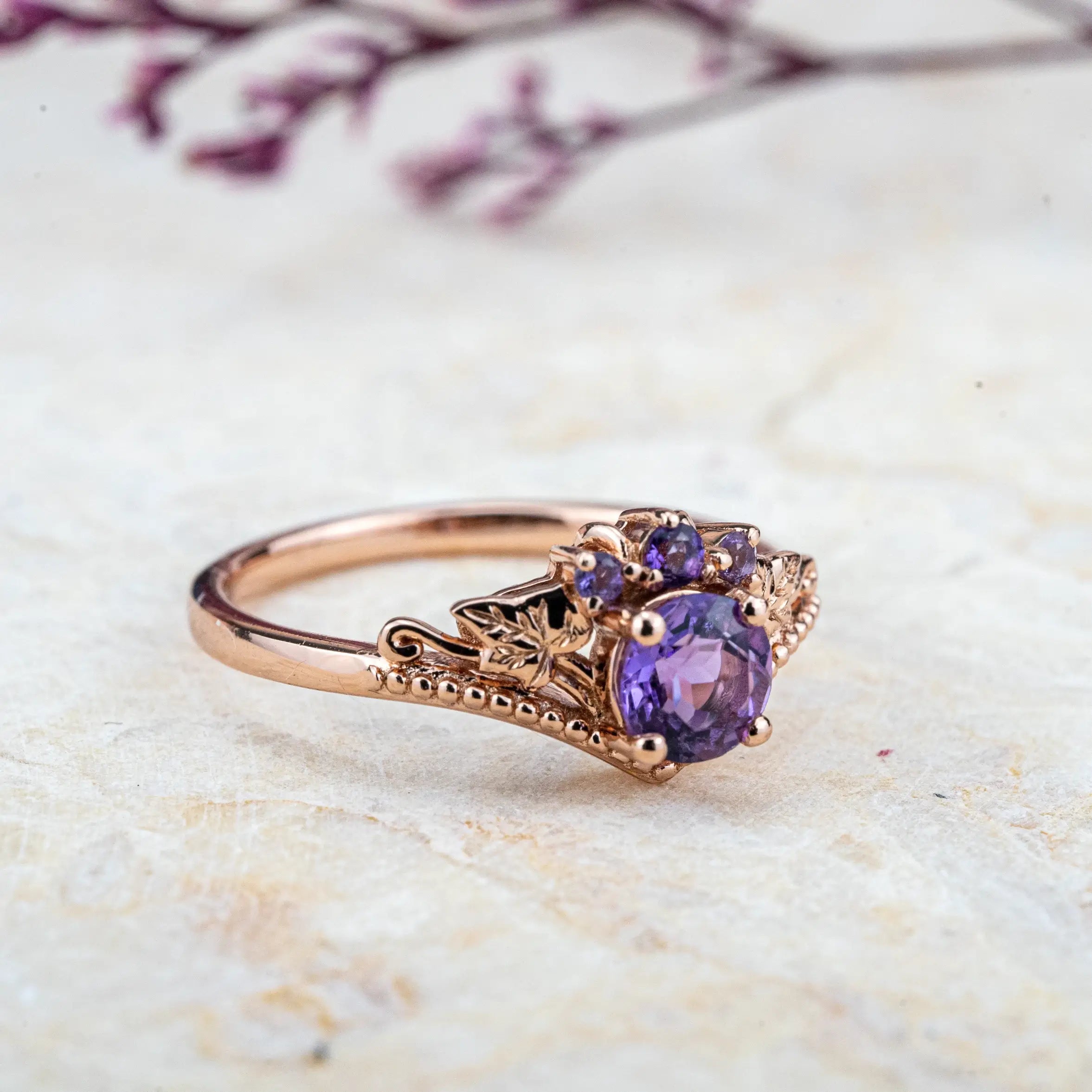 Amethyst Bloom Ring – Nature-Inspired Vintage Leaf Engagement Ring February birthstone rings