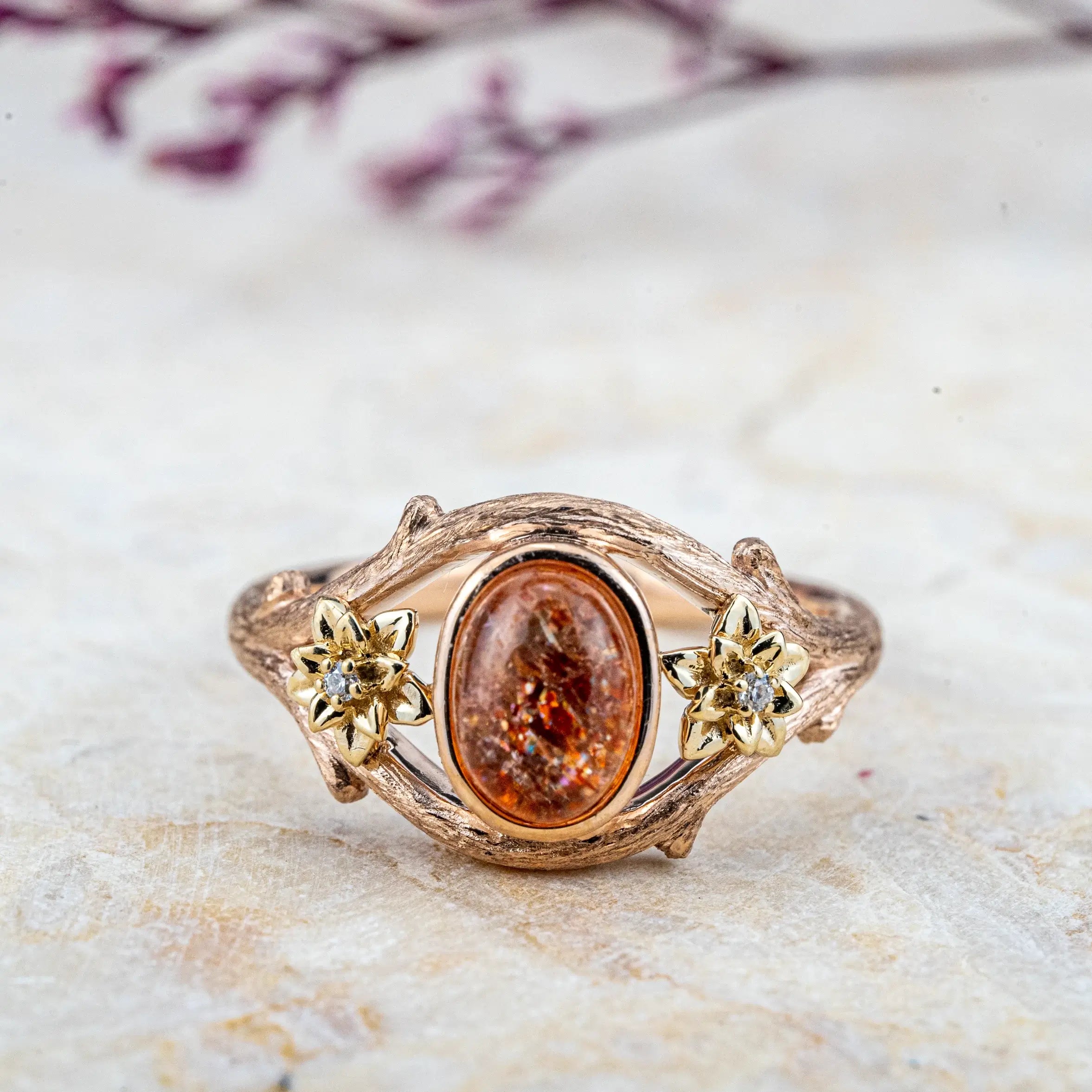 ORLEONE | Oval Sunstone Flower Rings Promise Engagement Ring Handmade Unique anniversary Rings for ladies