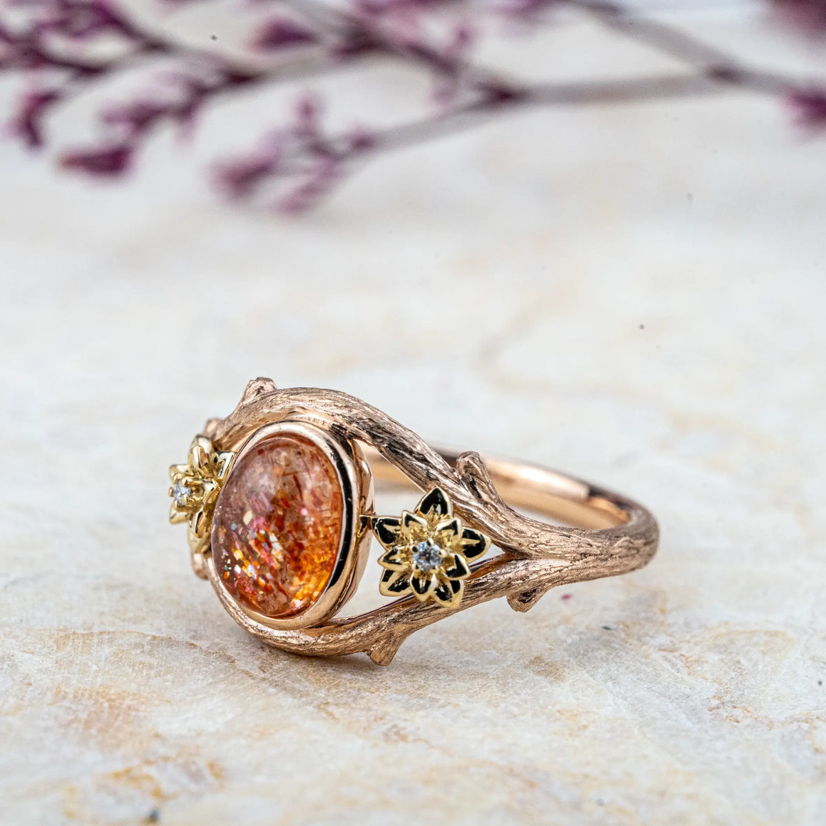 ORLEONE | Oval Sunstone Flower Rings Promise Engagement Ring Handmade Unique anniversary Rings for ladies